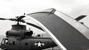 1960s US military helicopter with urethane erosion tape on rotor blades — the origin of paint protection film technology
