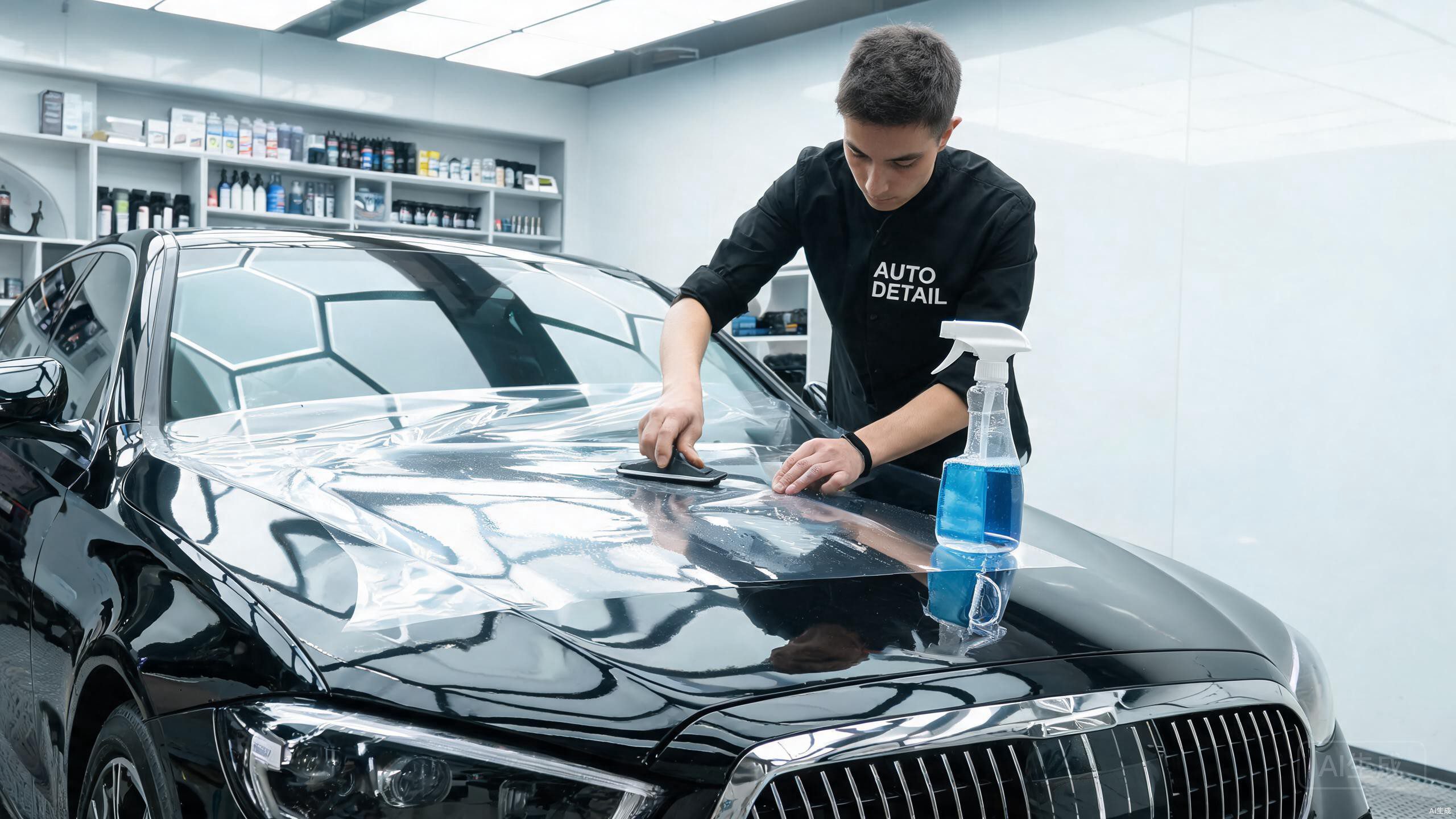 Professional automotive detailer installing paint protection film on a luxury vehicle hood in a modern detailing studio