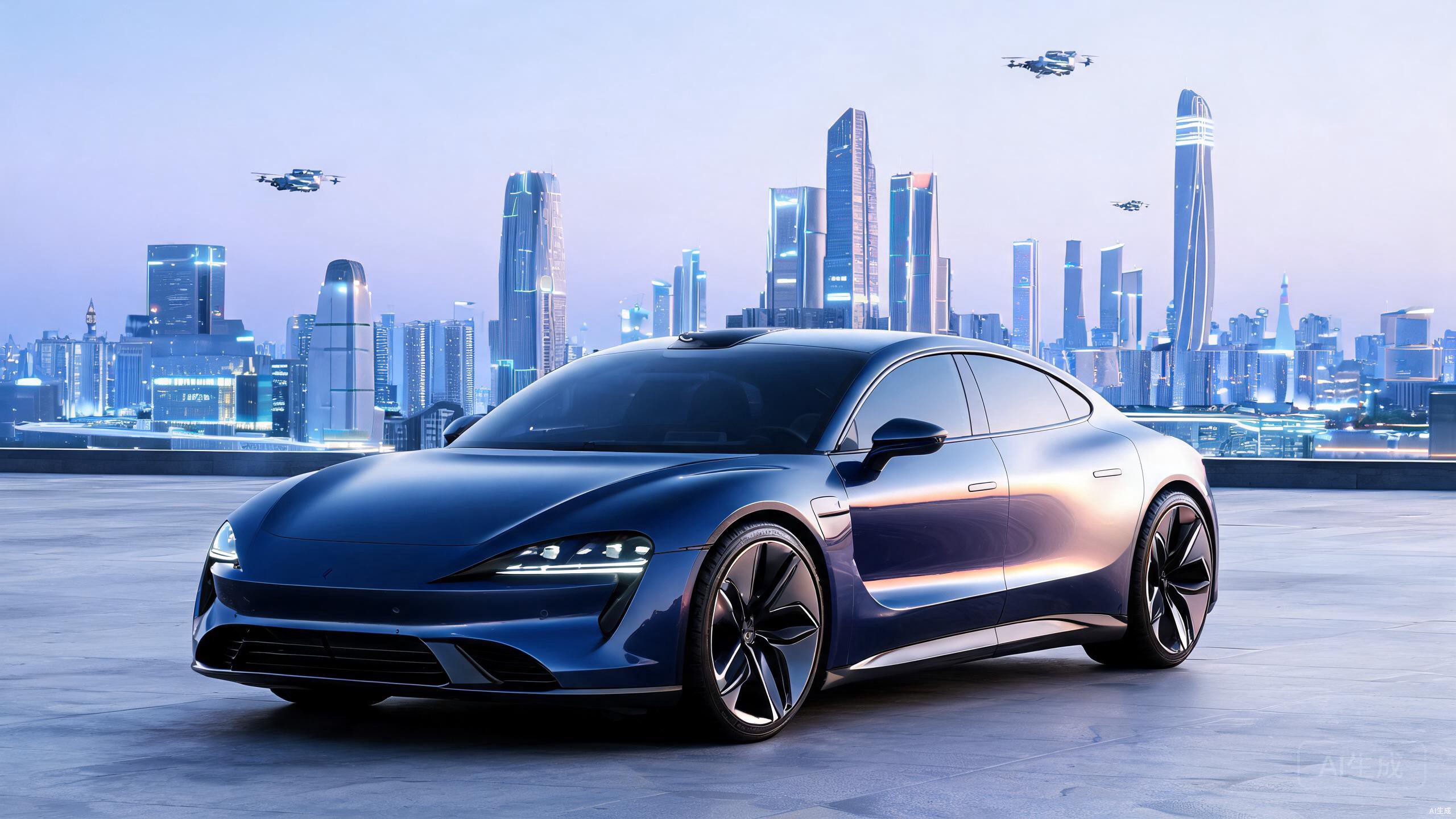 Futuristic electric vehicle with color-shifting smart paint protection film, representing next-generation PPF technology