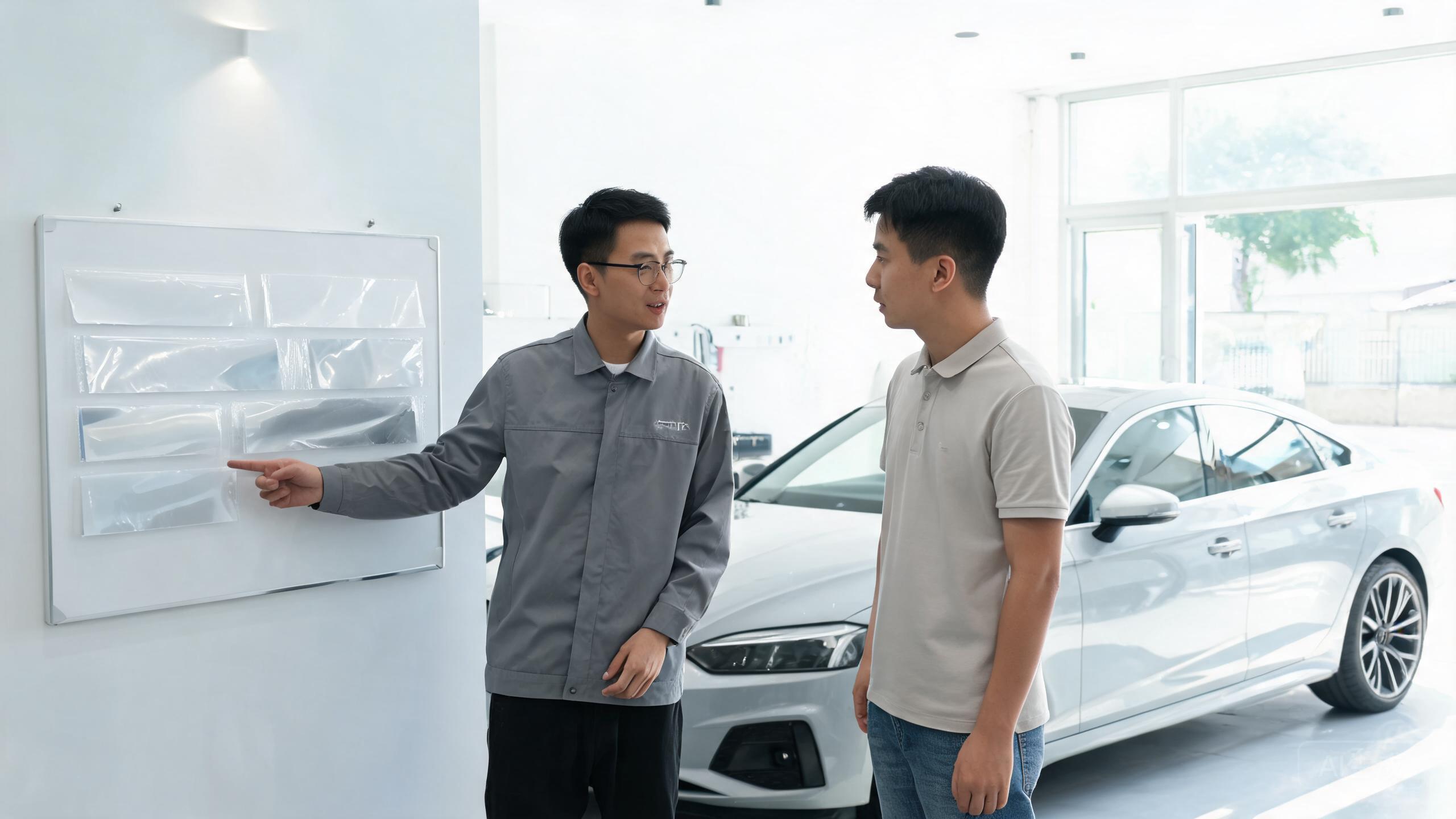 Installer explaining PPF adhesive and edge-wrap options to a vehicle owner.