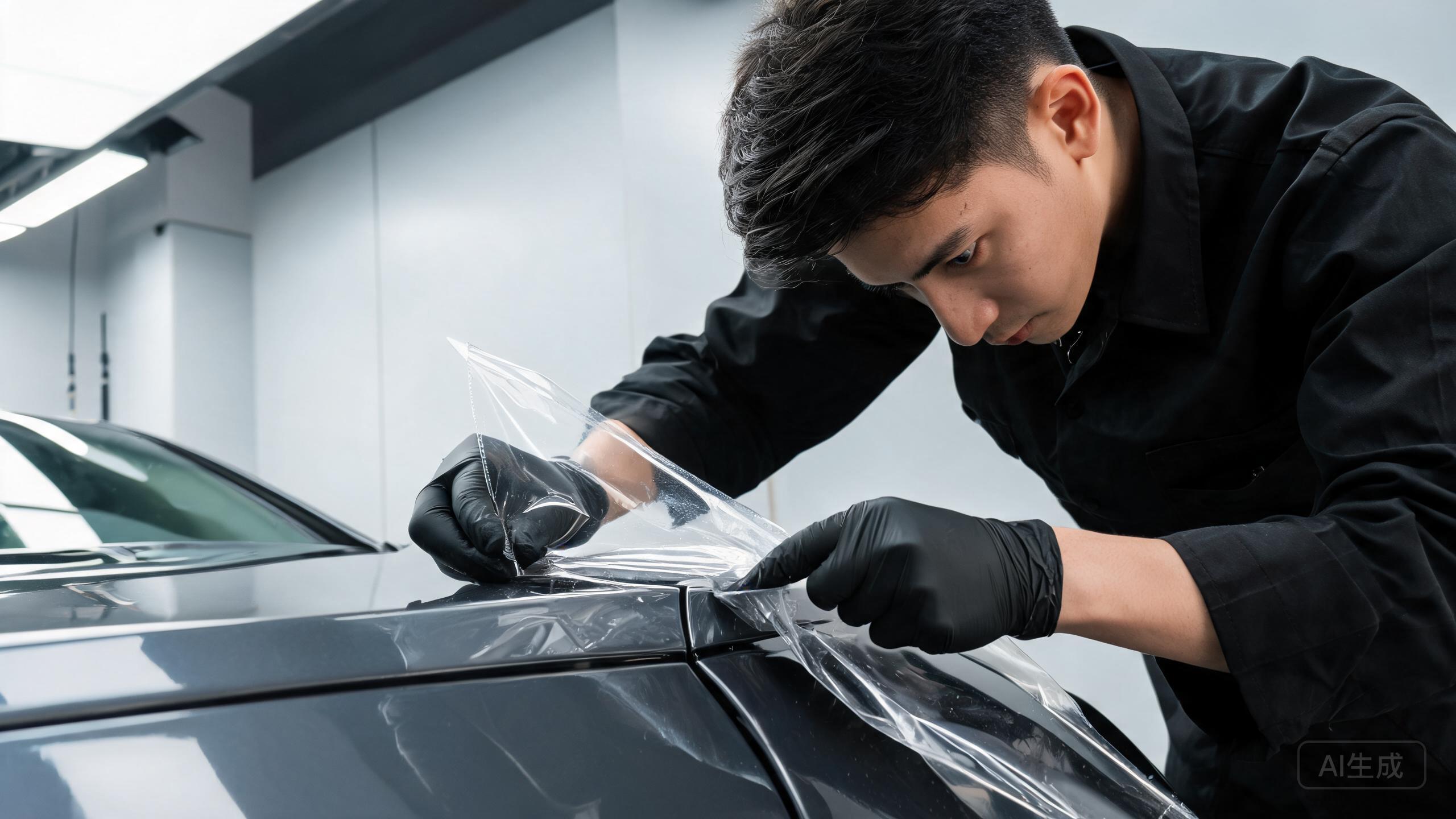 Installer wrapping clear PPF around a vehicle hood edge.
