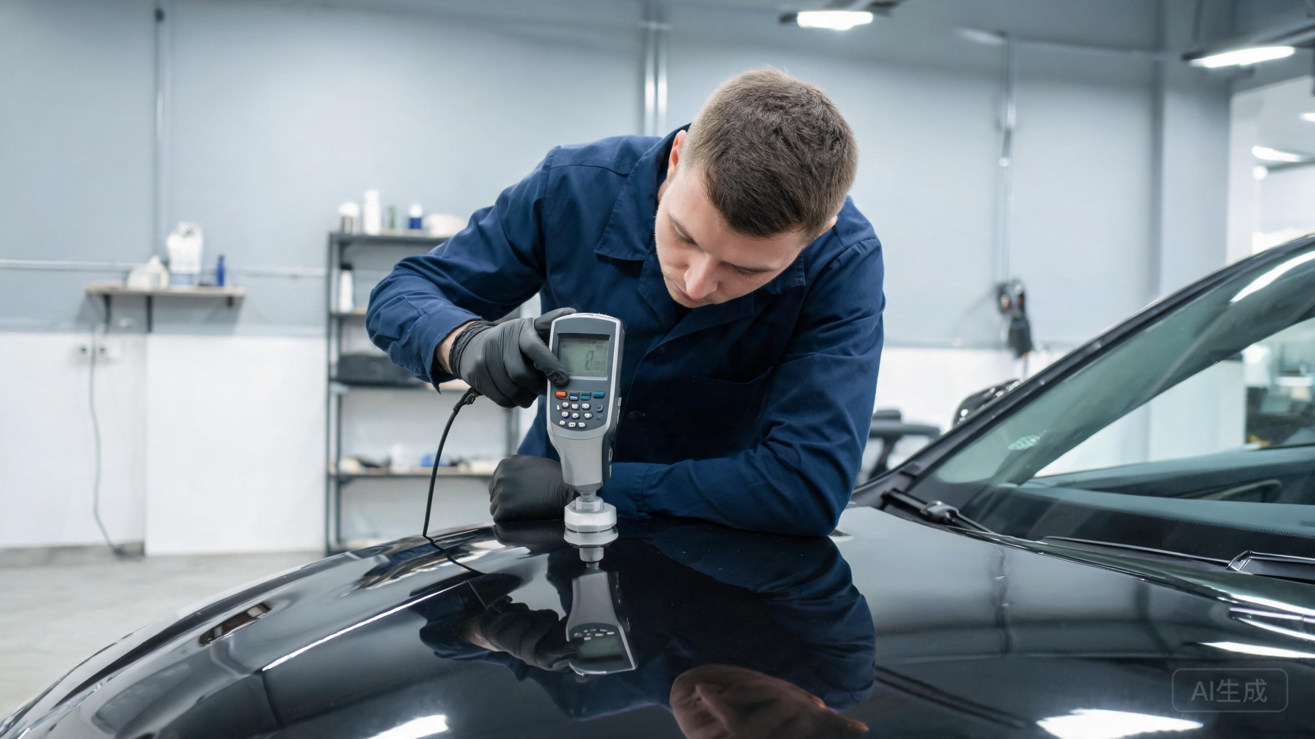Technician checking paint condition before protective film installation.