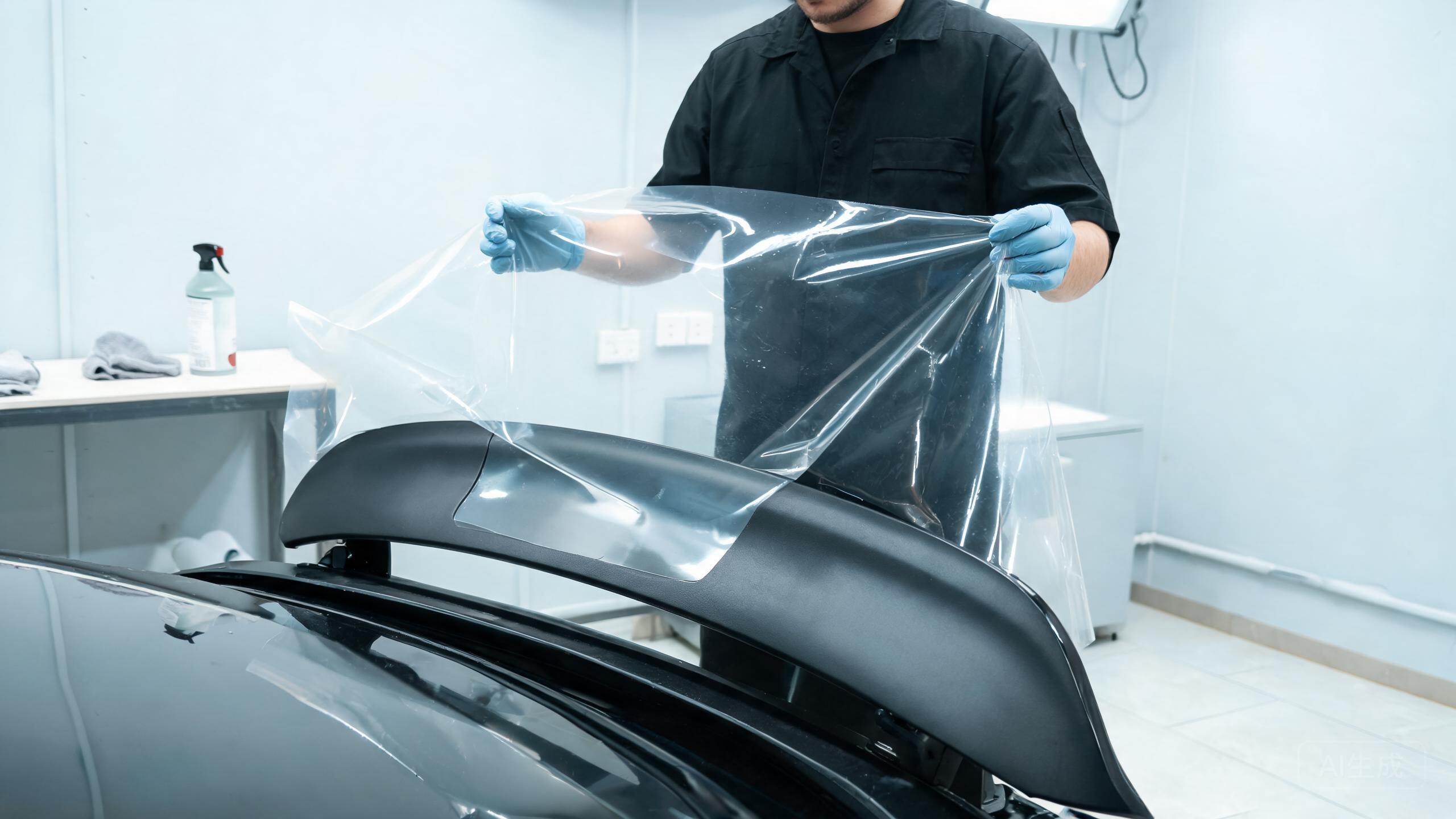 Installer aligning PPF on a curved bumper before final placement.