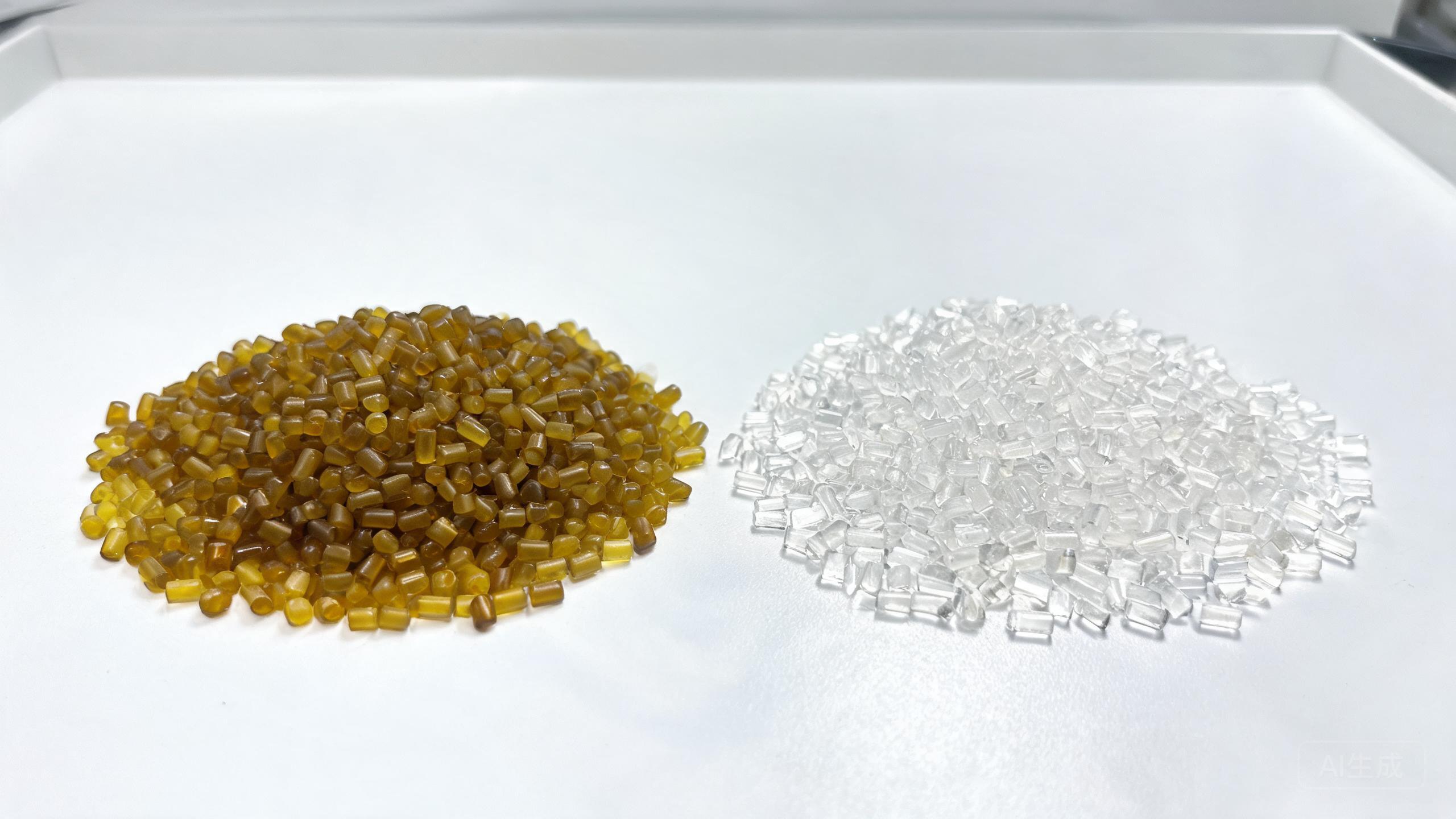 Dark yellowish aromatic TPU pellets compared to clear aliphatic TPU pellets on a white laboratory surface, showing the raw material color difference.