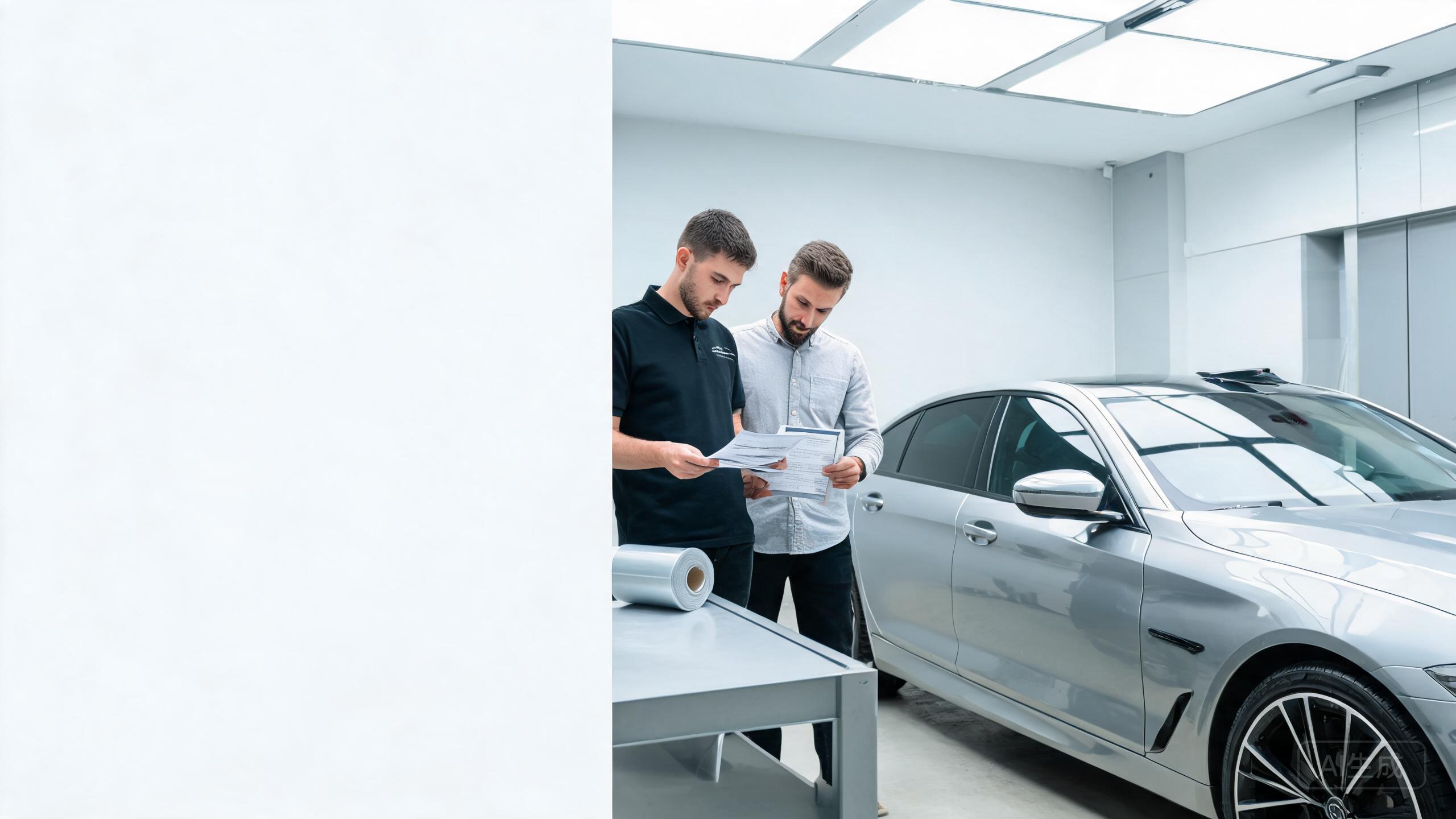 Car owner and PPF installer reviewing product specification sheet and warranty booklet in a detailing studio