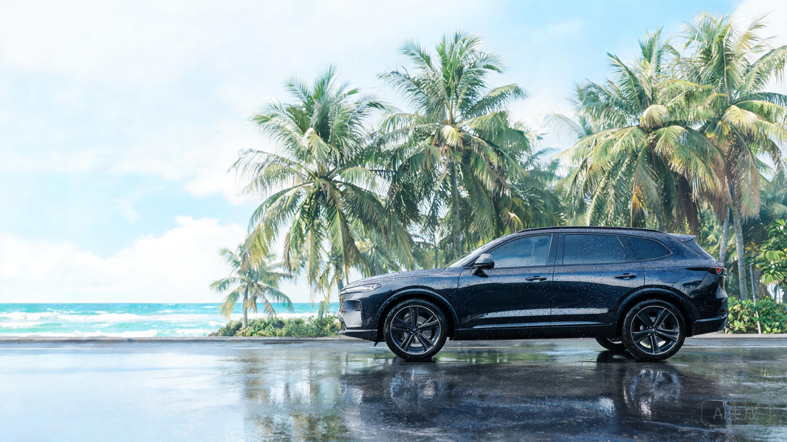 Luxury SUV parked on tropical coastal road in humid climate, pristine paint surface protected by PPF
