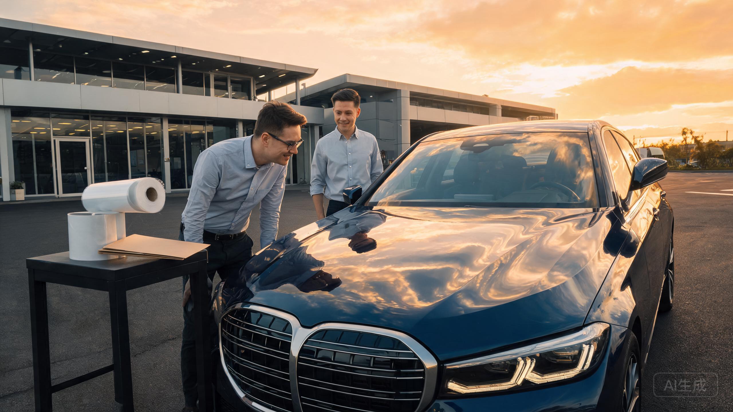 Satisfied car owner inspecting premium sedan finish at golden hour vehicle handover