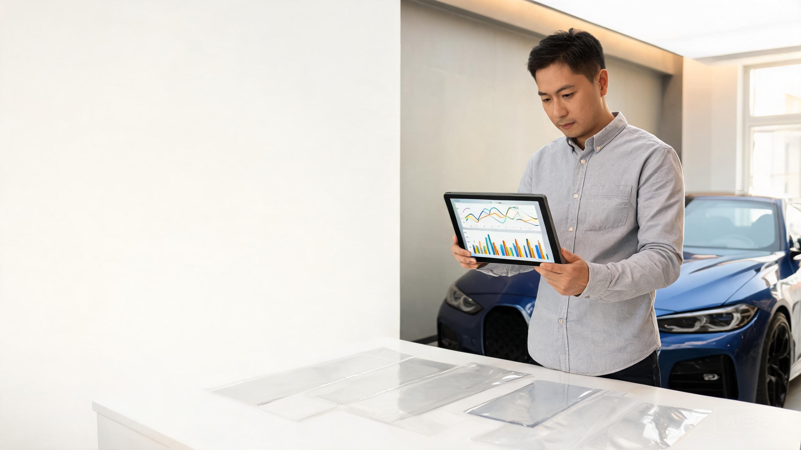 Car owner studying PPF material test data charts on a tablet in a modern automotive studio