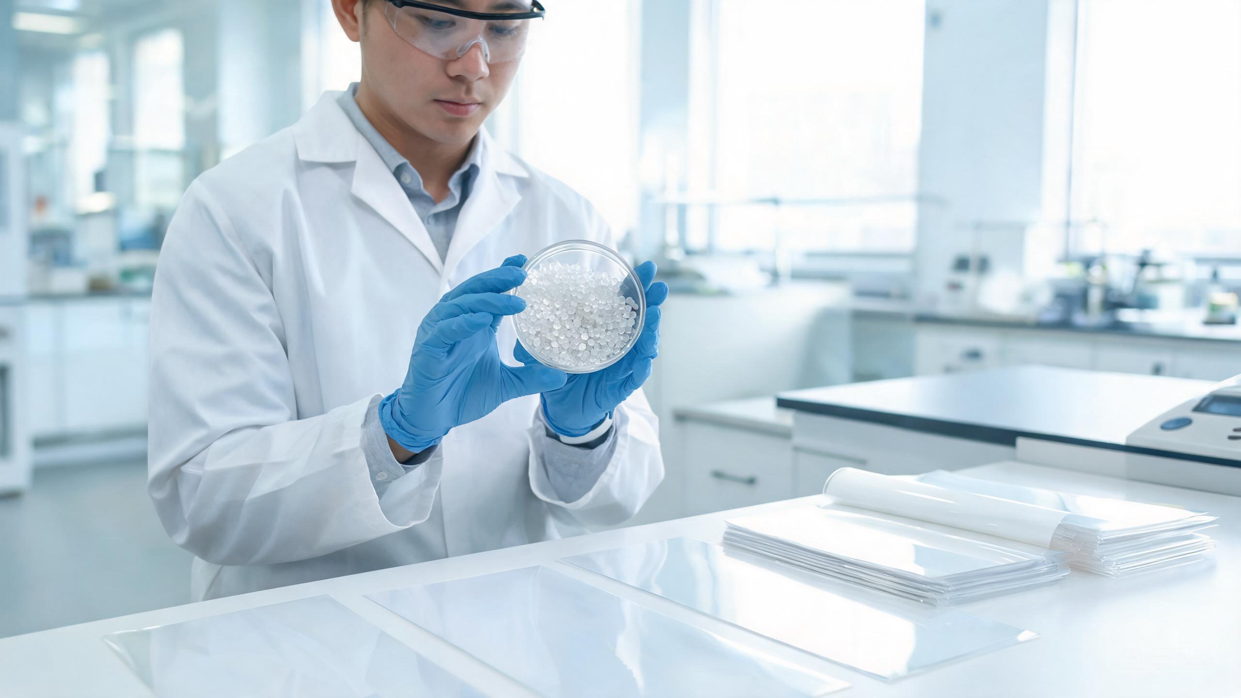 Technician inspecting transparent polymer pellets and PPF film samples.