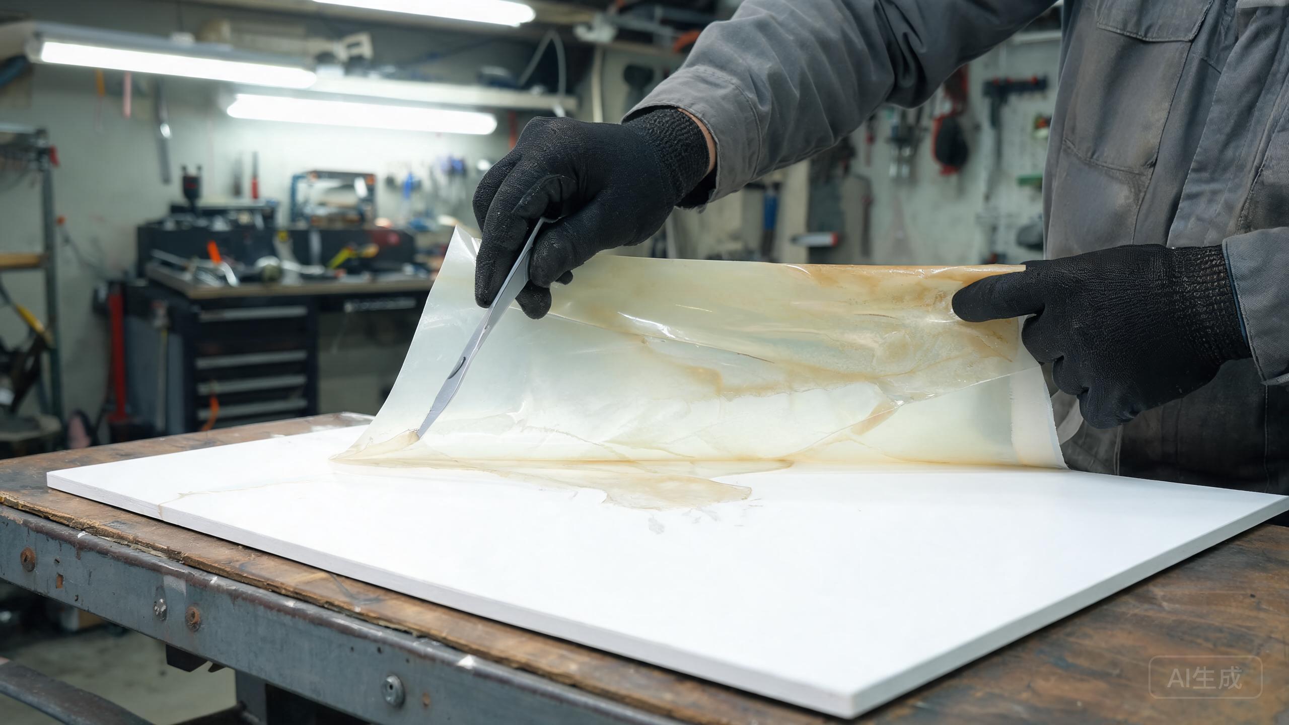 Installer carefully removing aged clear protective film from a test panel.