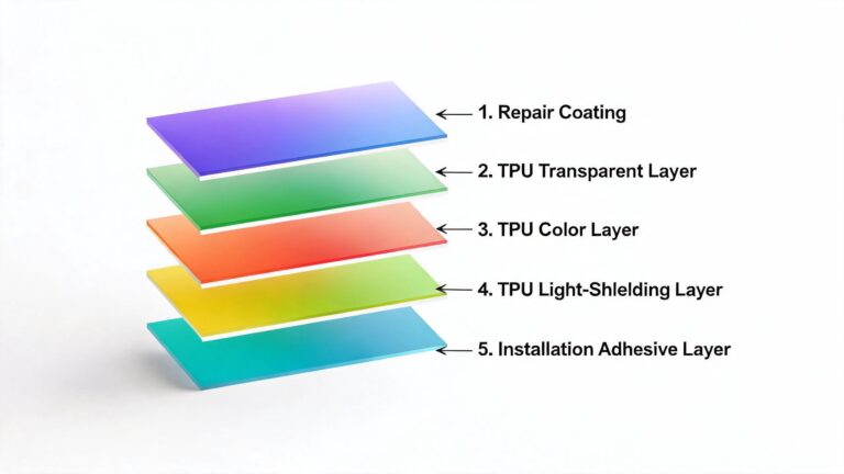 Cast-Grade TPU Color Change Film 5-layer structure diagram showing Repair Coating, TPU Transparent Layer, TPU Color Layer, TPU Light-Shielding Layer, and Installation Adhesive Layer