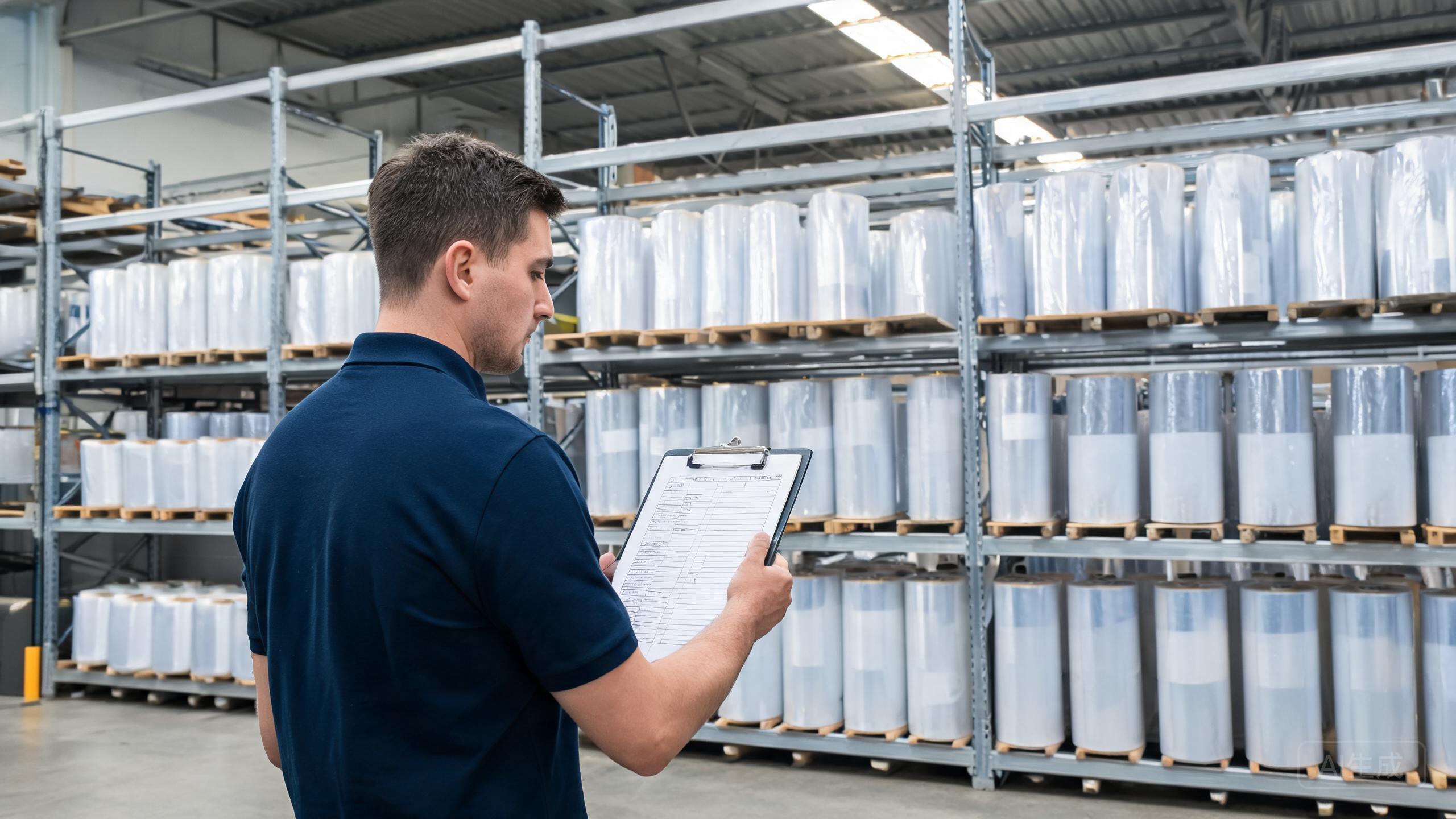 Private label distributor checking a quality control checklist against finished PPF rolls organized on warehouse shelves.