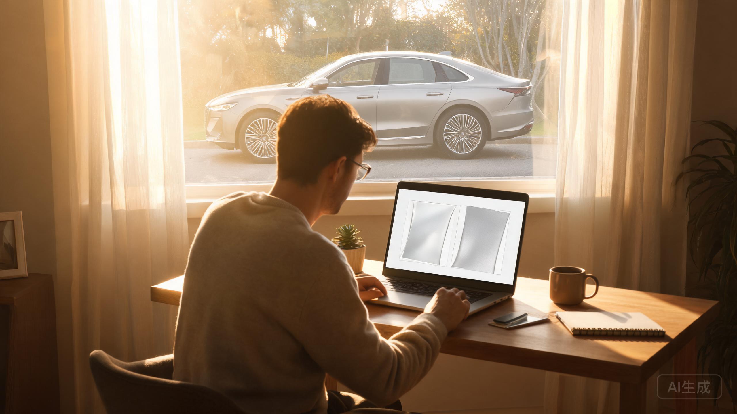 Car owner researching paint protection film options on a laptop at home, with a luxury sedan visible through the window behind them.
