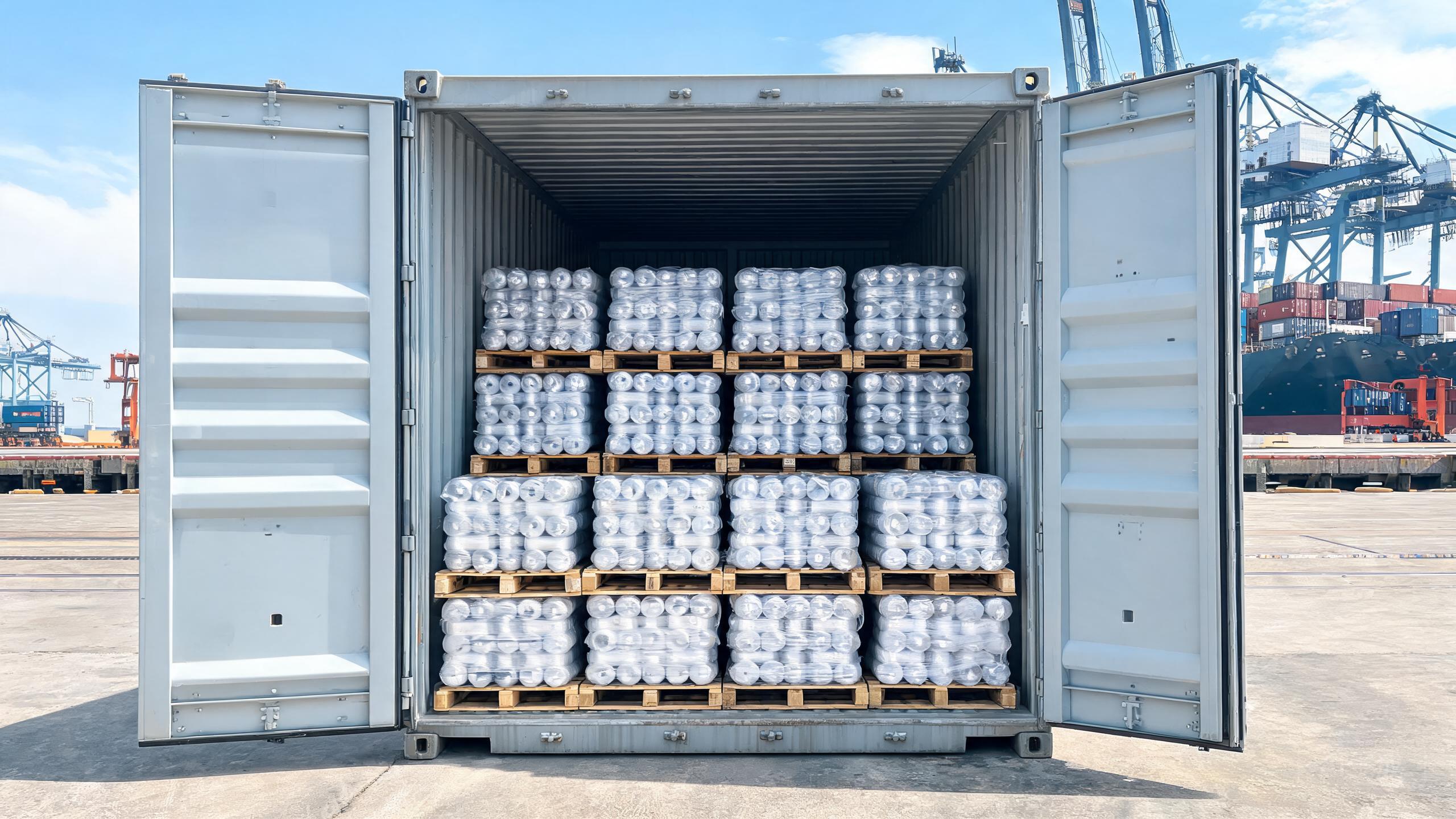 Shipping container loaded with pallets of PPF rolls ready for export at a modern commercial port for global distribution.