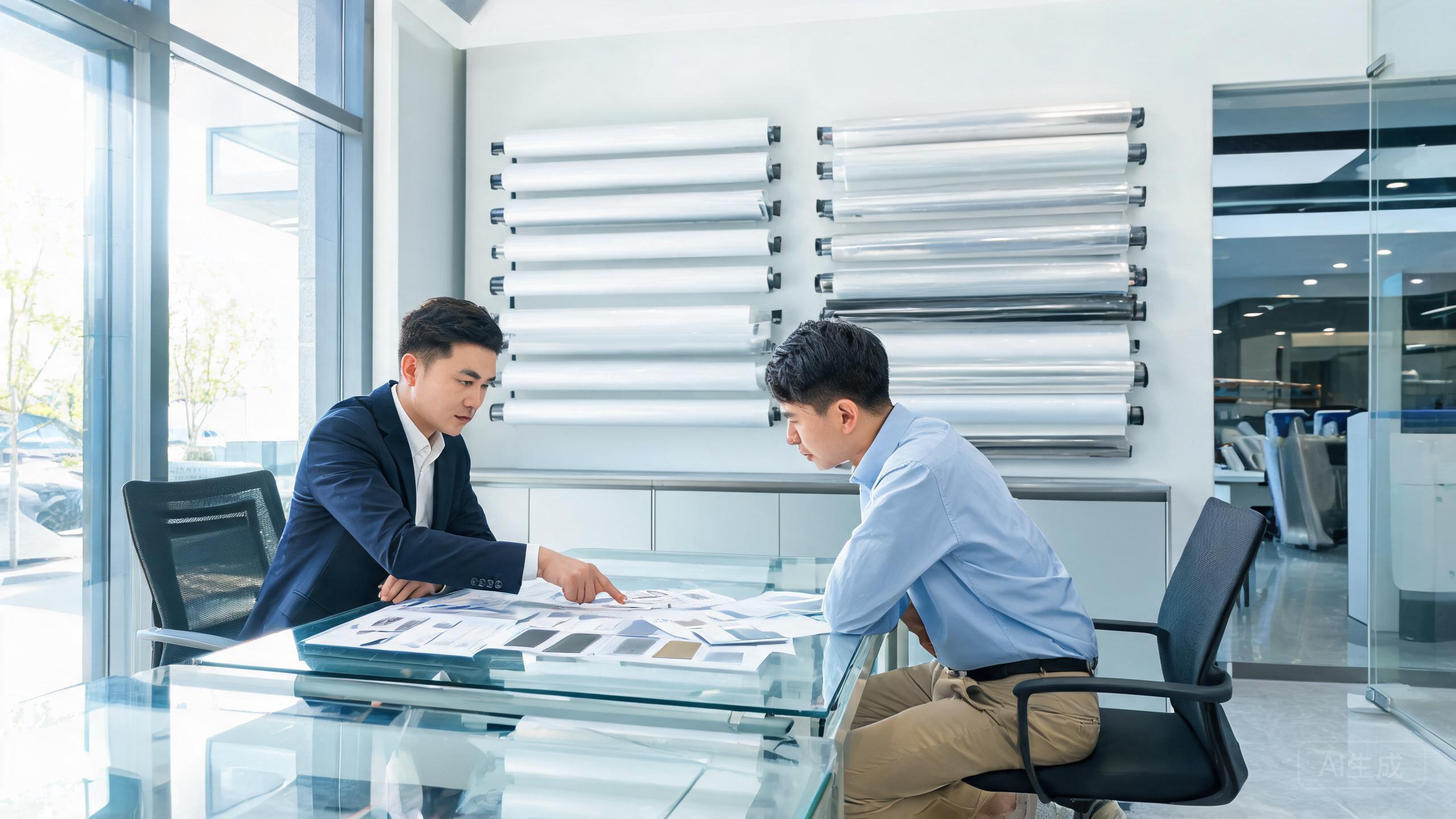B2B business meeting in a PPF factory showroom with a distributor and factory manager discussing paint protection film specifications and samples.