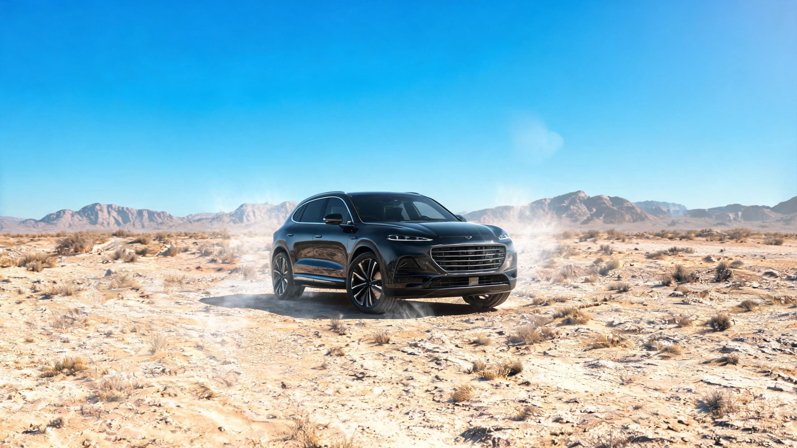 Luxury SUV parked in a hot desert climate with intense sunlight, demonstrating the need for heat-resistant PCU PPF protection.