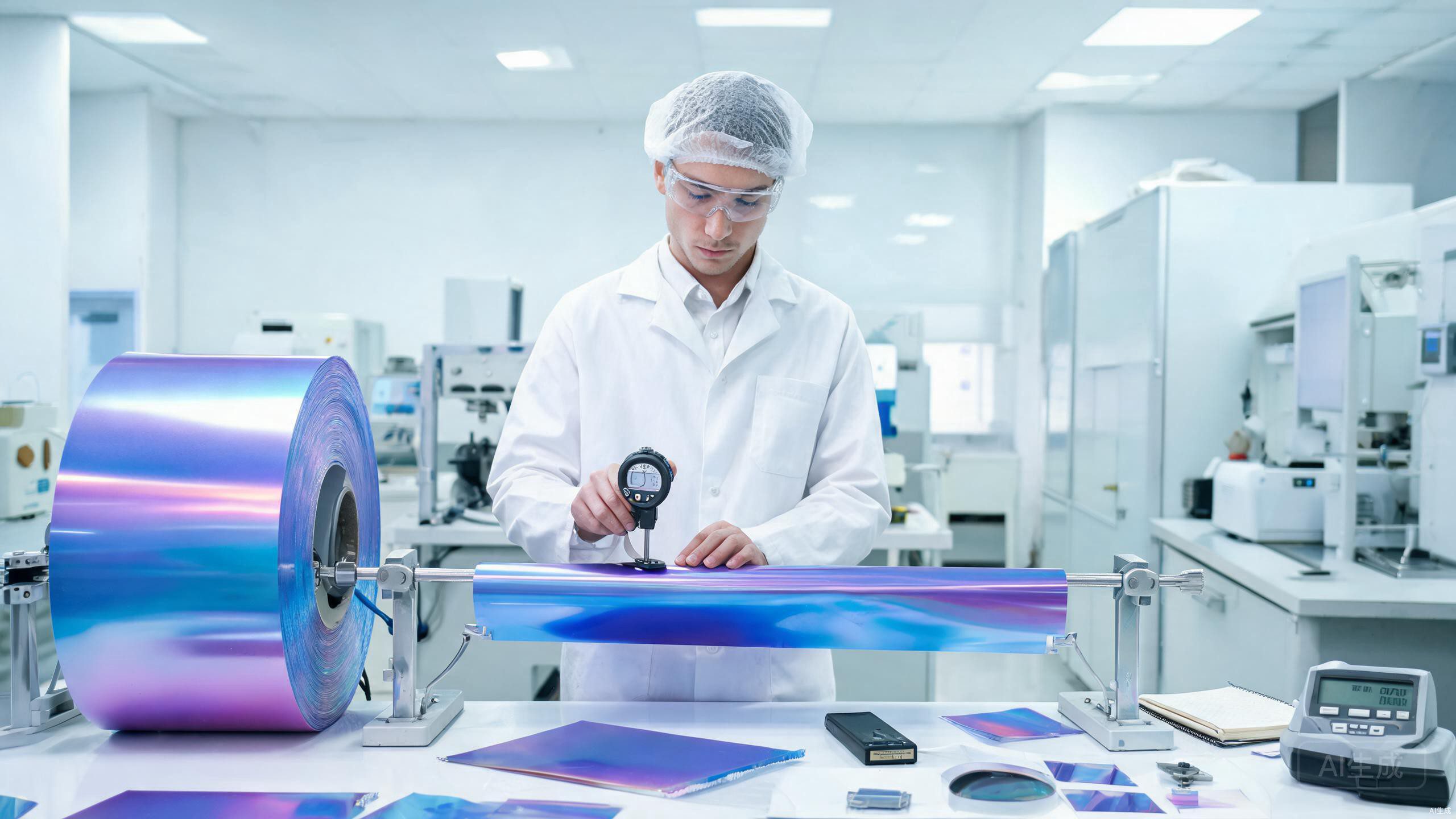Quality control technician measuring color change film thickness in laboratory