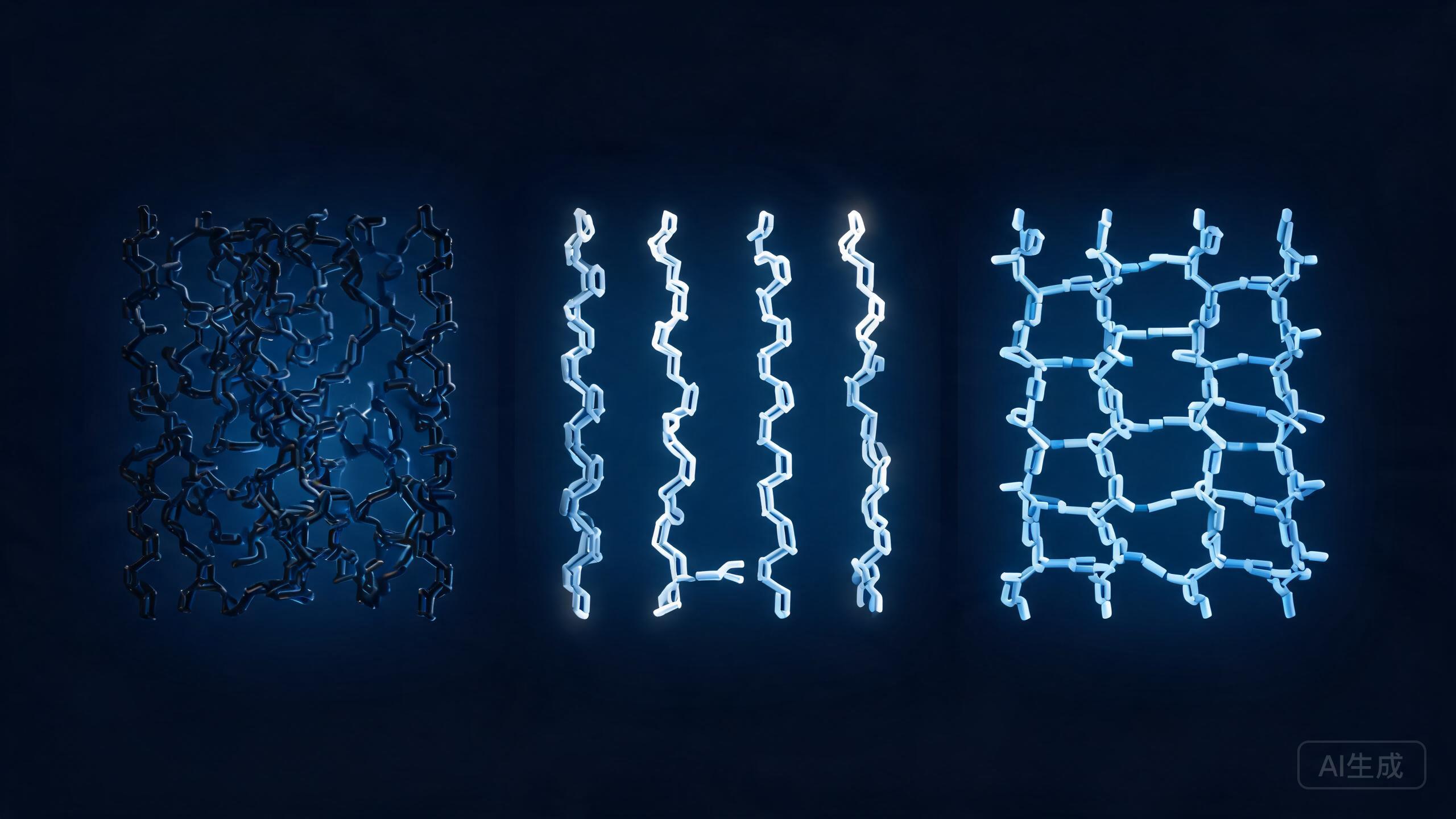 Conceptual visualization of three molecular structures: aromatic TPU, aliphatic TPU, and PCU polycarbonate TPU showing material differences.