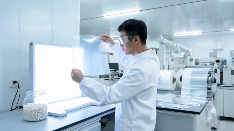 PPF material processing journey from raw polymer pellets to finished film, with a technician examining clear TPU film in a quality control lab.
