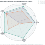 Fixed radar chart comparing PCU, PCL and polyester PPF routes across five normalized performance metrics