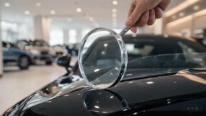 Magnifying glass held over crystal clear PCU polycarbonate TPU paint protection film on a glossy car hood, demonstrating the film invisible optical quality.