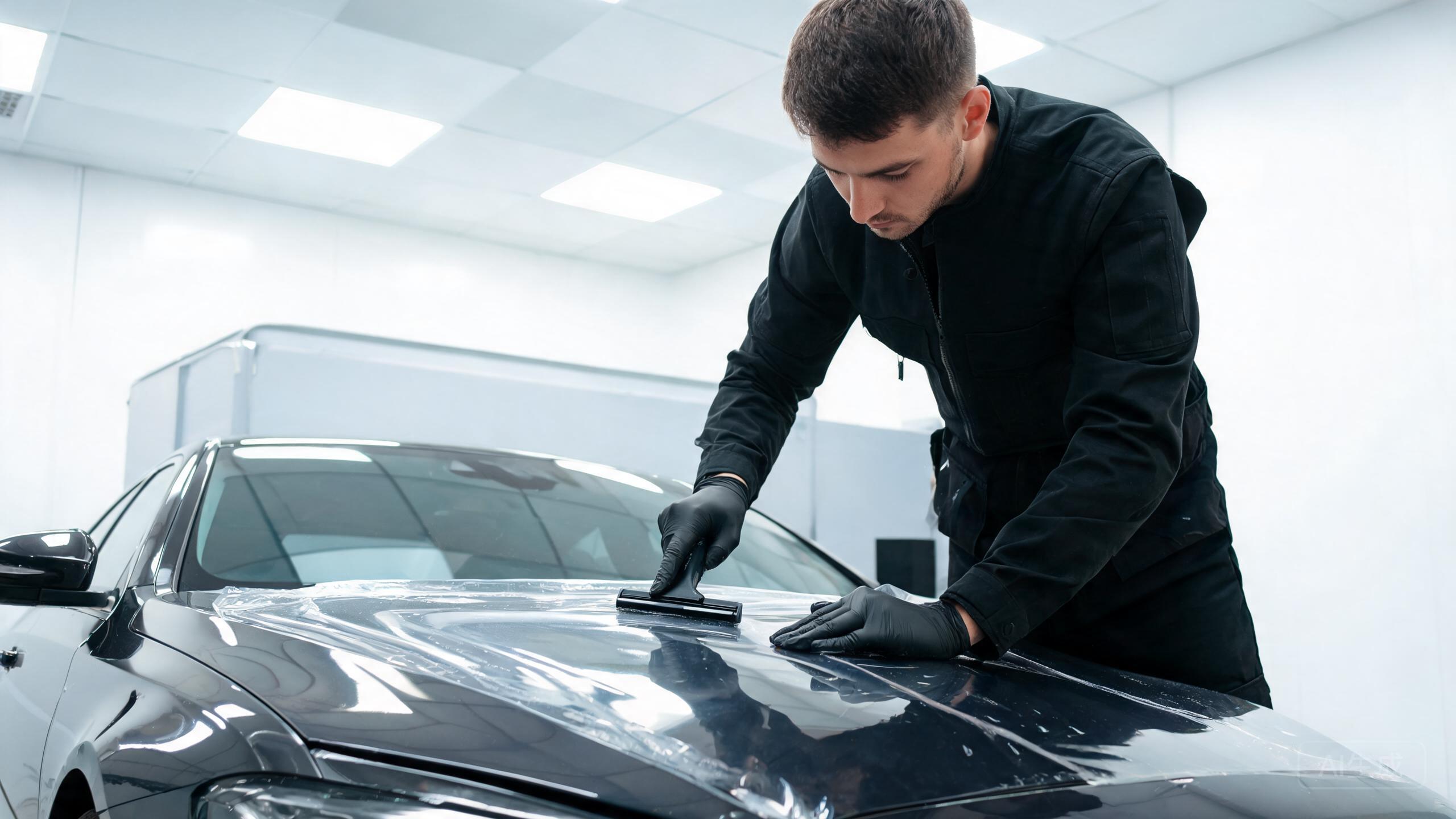 Professional PPF installer carefully applying crystal clear PCU paint protection film to a luxury sedan hood using a squeegee with precision.