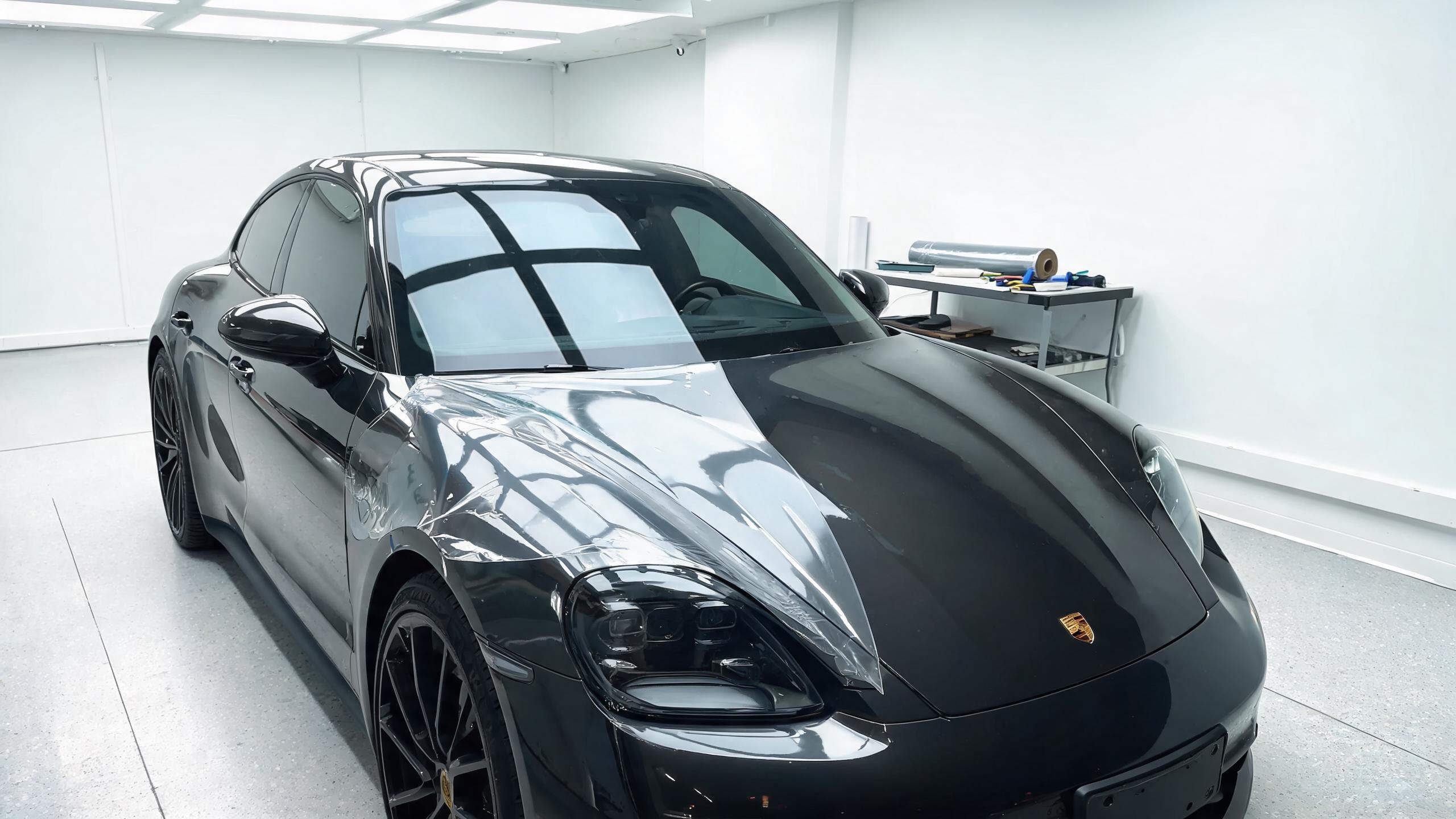 Luxury sports car in a professional PPF installation bay, partially wrapped with clear PCU paint protection film showing the glossy protected finish.