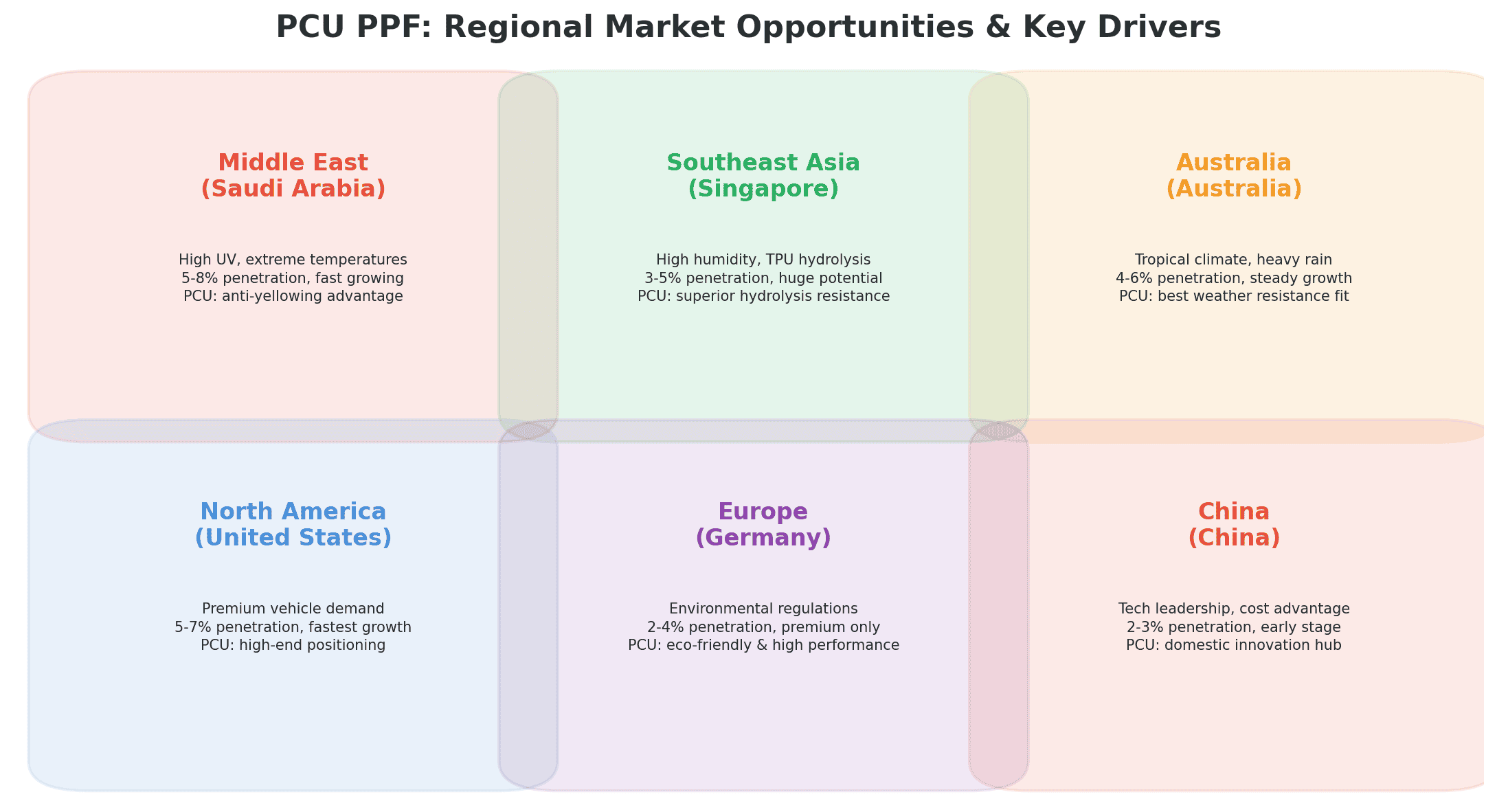 PCU PPF regional market opportunities and key drivers across Middle East, Southeast Asia, Australia, North America, Europe, and China
