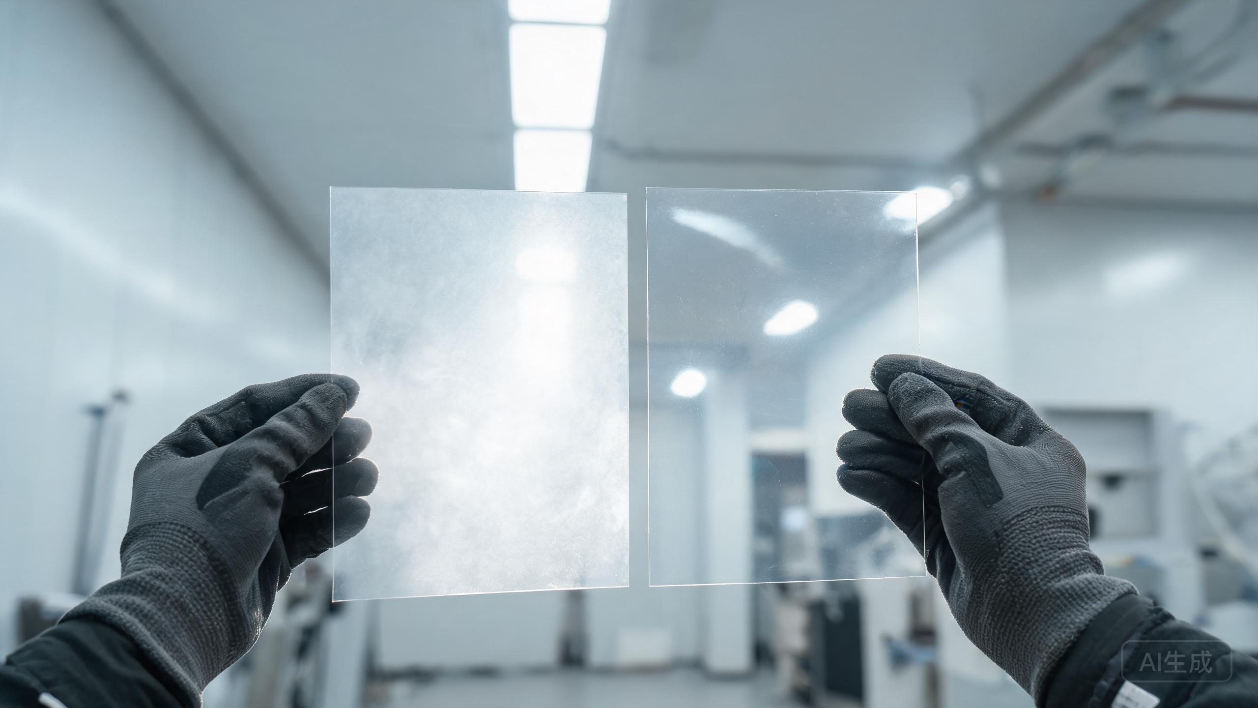 Professional installer holding two PPF film samples up to the light: conventional TPU versus PCU polycarbonate TPU, showing clarity difference.