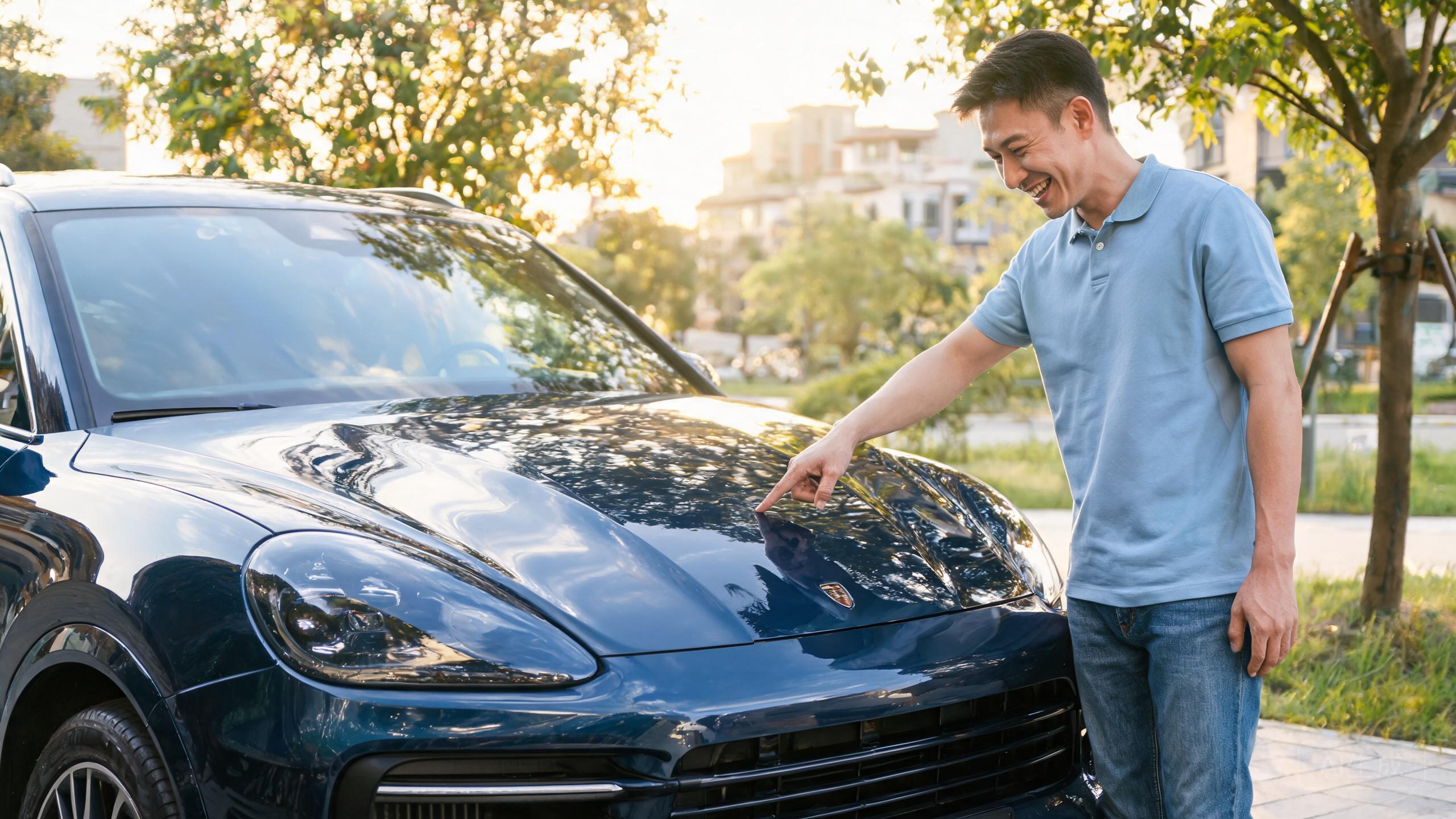 Happy car owner standing next to a luxury SUV protected with premium PCU paint protection film, showing deep wet-looking gloss finish outdoors.