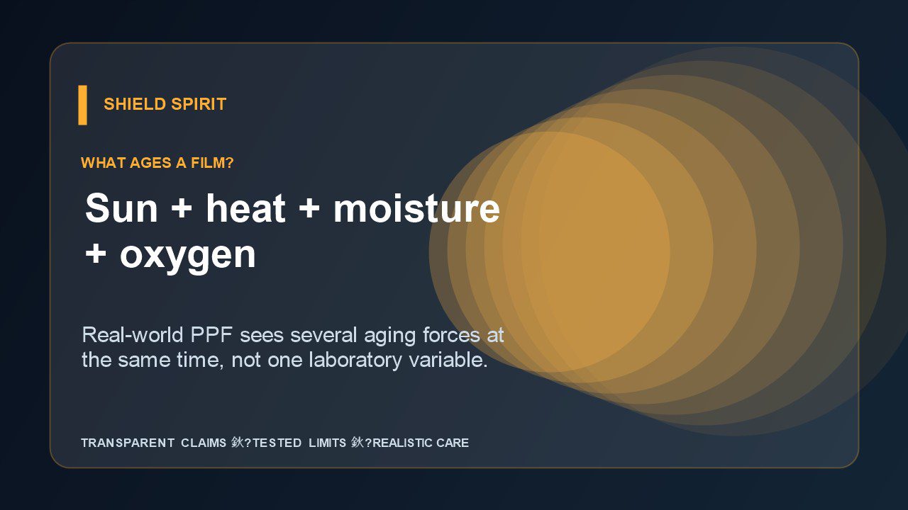 Paint protection film aging factors including sunlight heat moisture oxygen and road contamination