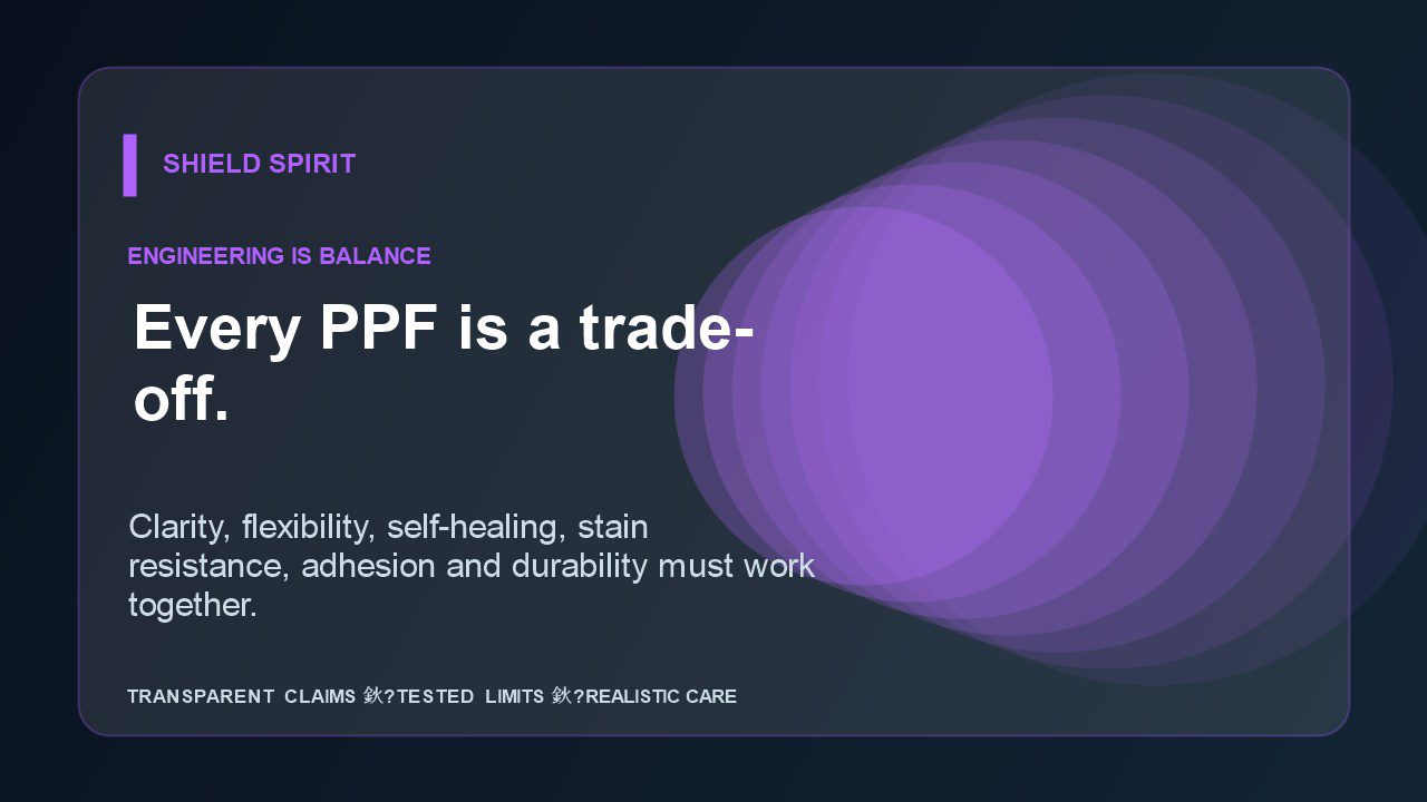 PPF engineering trade offs between clarity flexibility self healing stain resistance adhesion and durability
