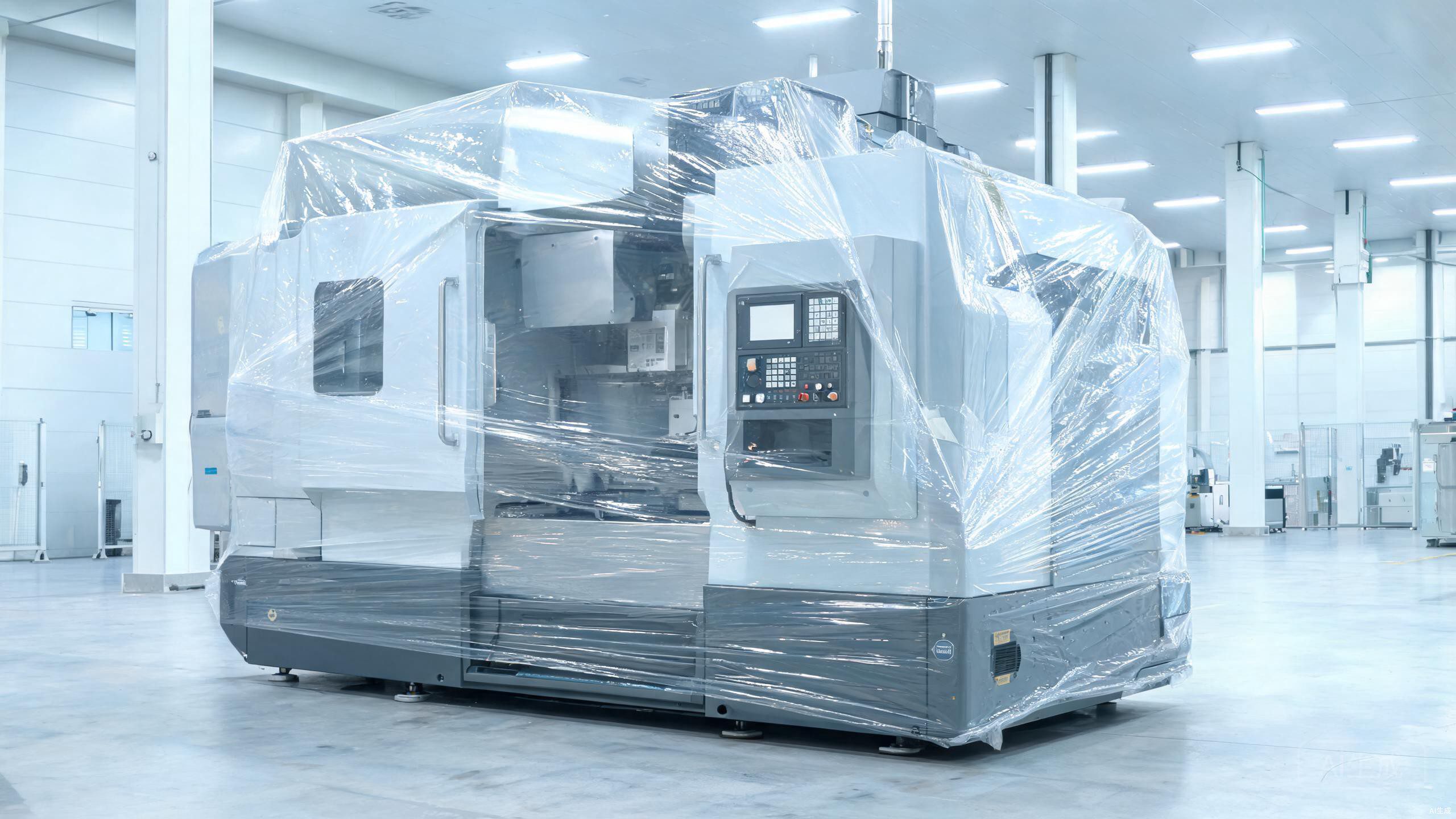Industrial CNC machine protected by heavy-duty machinery film - the Silent Guardians