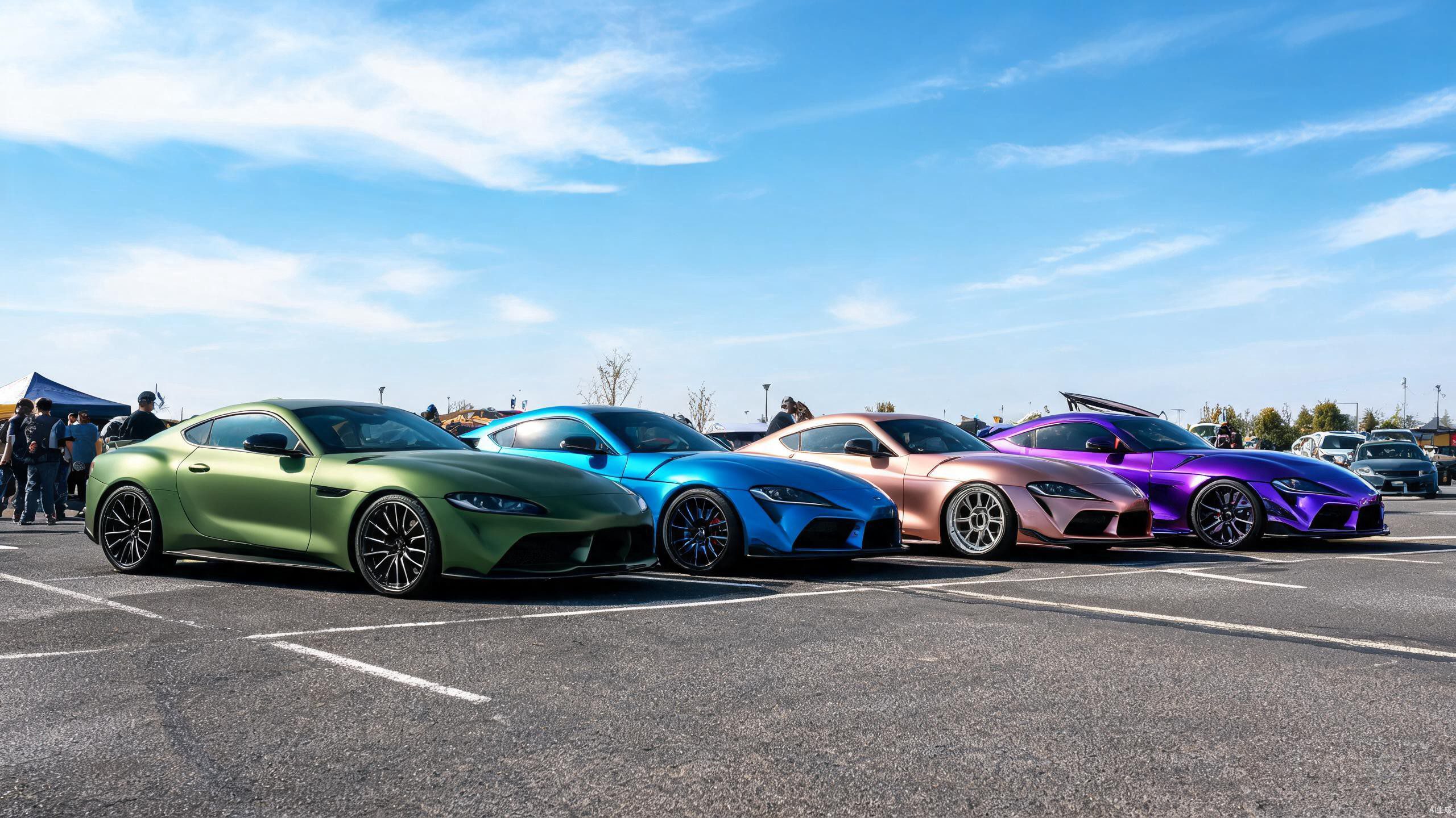 Car meet with multiple vehicles wrapped in vibrant color change films