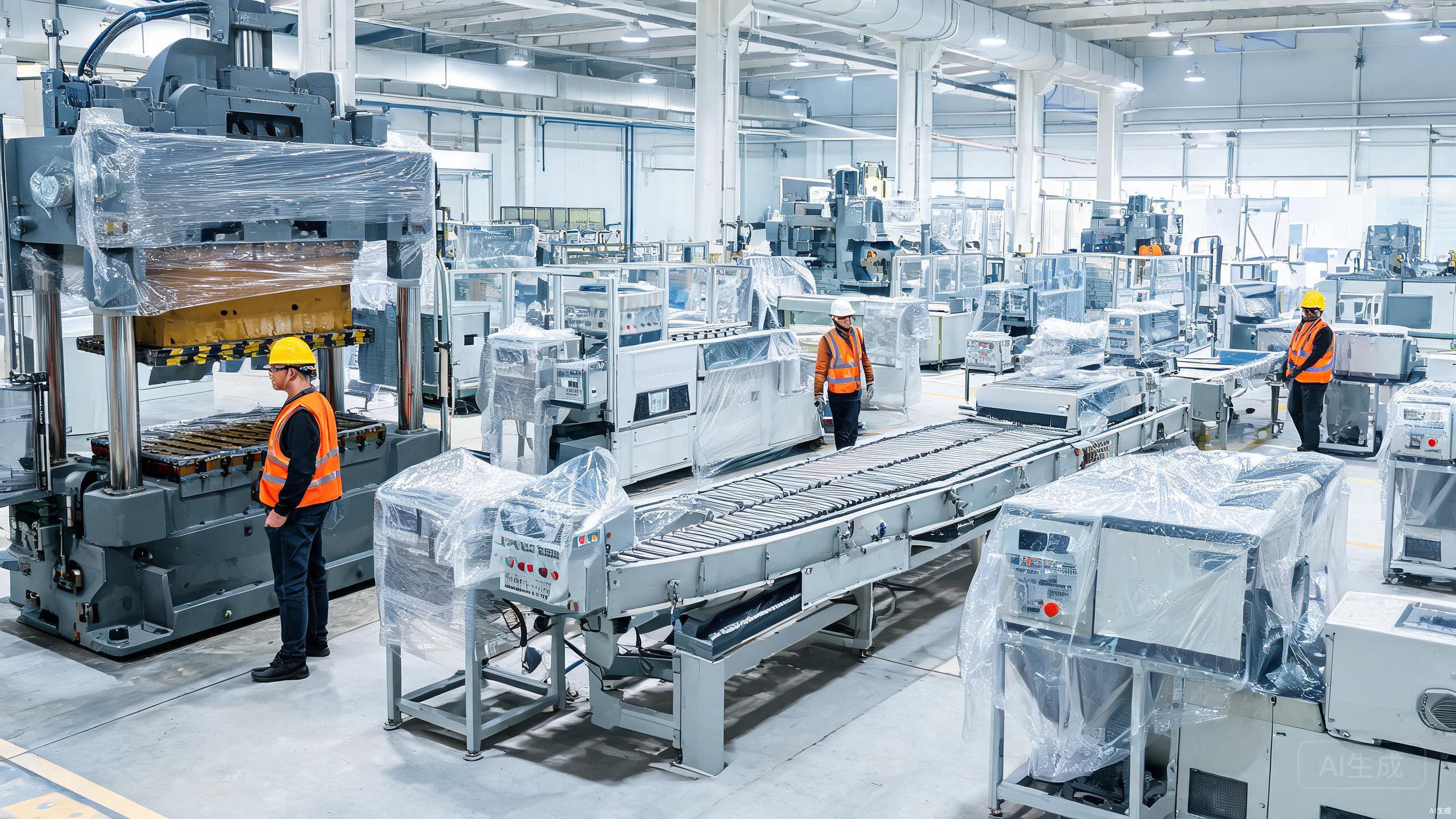 Factory floor with heavy machinery protected by industrial protective film
