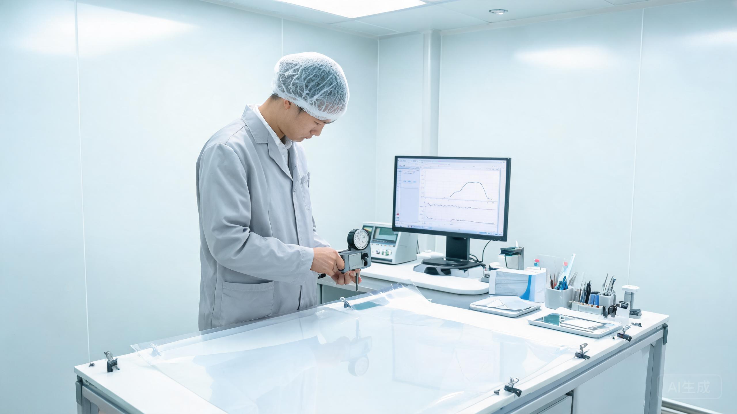 Quality control technician using precision instruments to measure paint protection film thickness and optical clarity in a manufacturing facility.