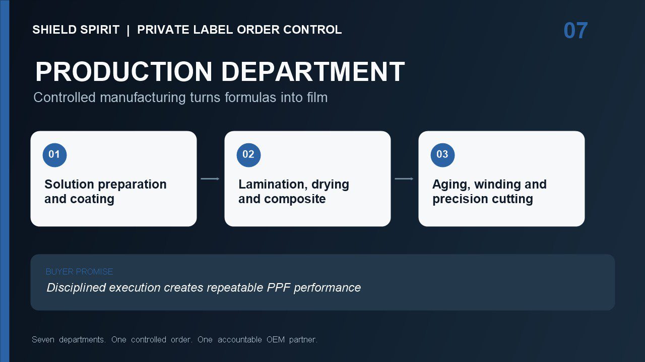 SHIELD SPIRIT Production Department coating lamination aging winding and precision cutting process for paint protection film