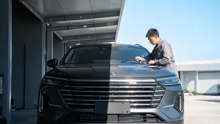 Dark SUV half under workshop canopy half in outdoor sunlight with installer examining glossy hood PPF trade-off
