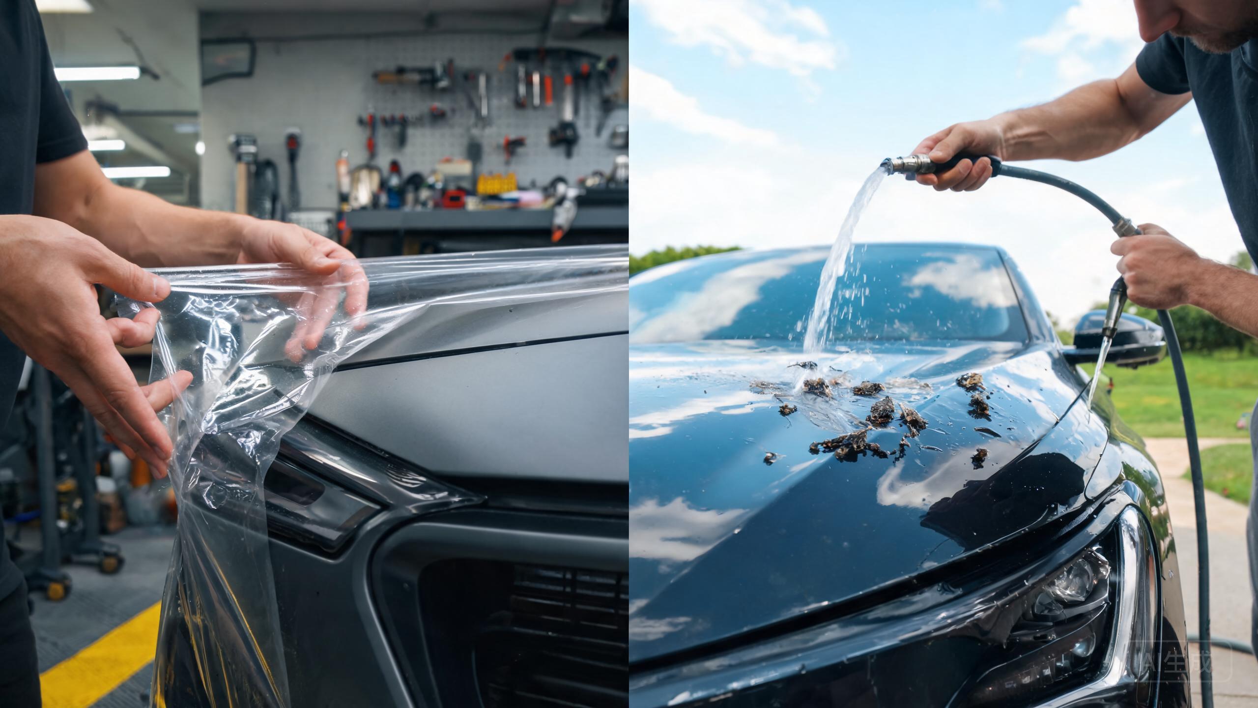 PPF installer stretching film around bumper curve and vehicle owner rinsing bird residue two priorities side by side