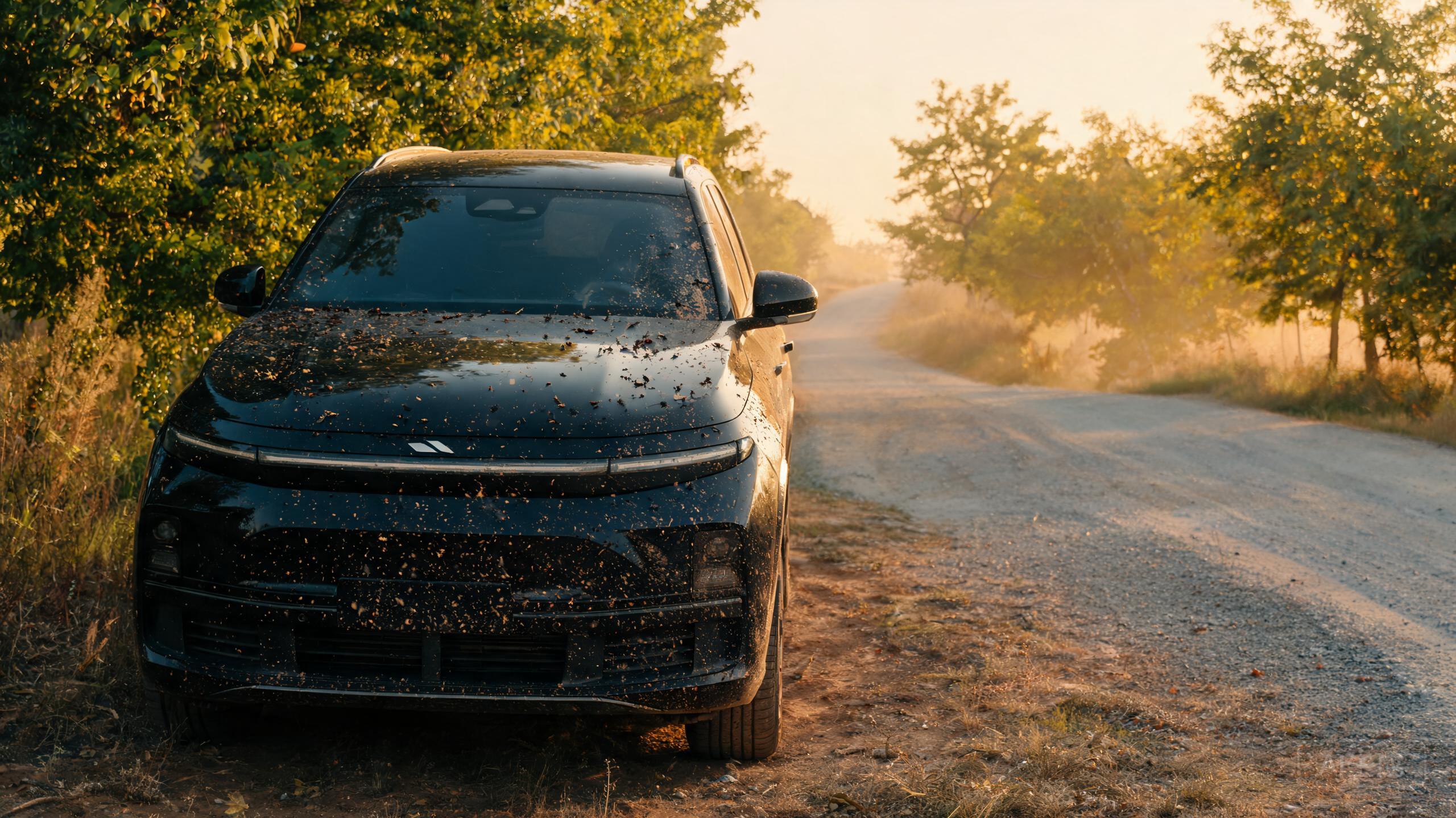 Black SUV after long road trip with insect splatter road film on front bumper parked near trees dusty road