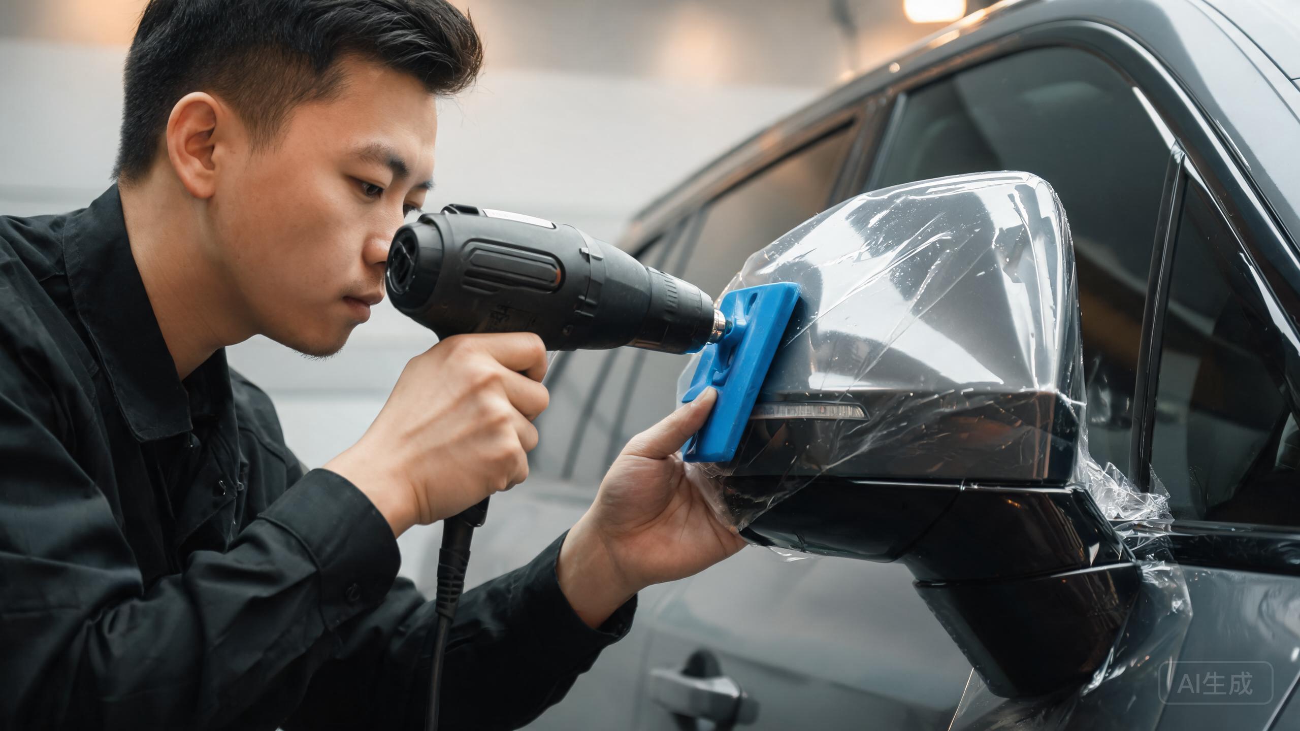 Installer using heat gun and squeegee on SUV mirror controlled PPF installation workshop photography