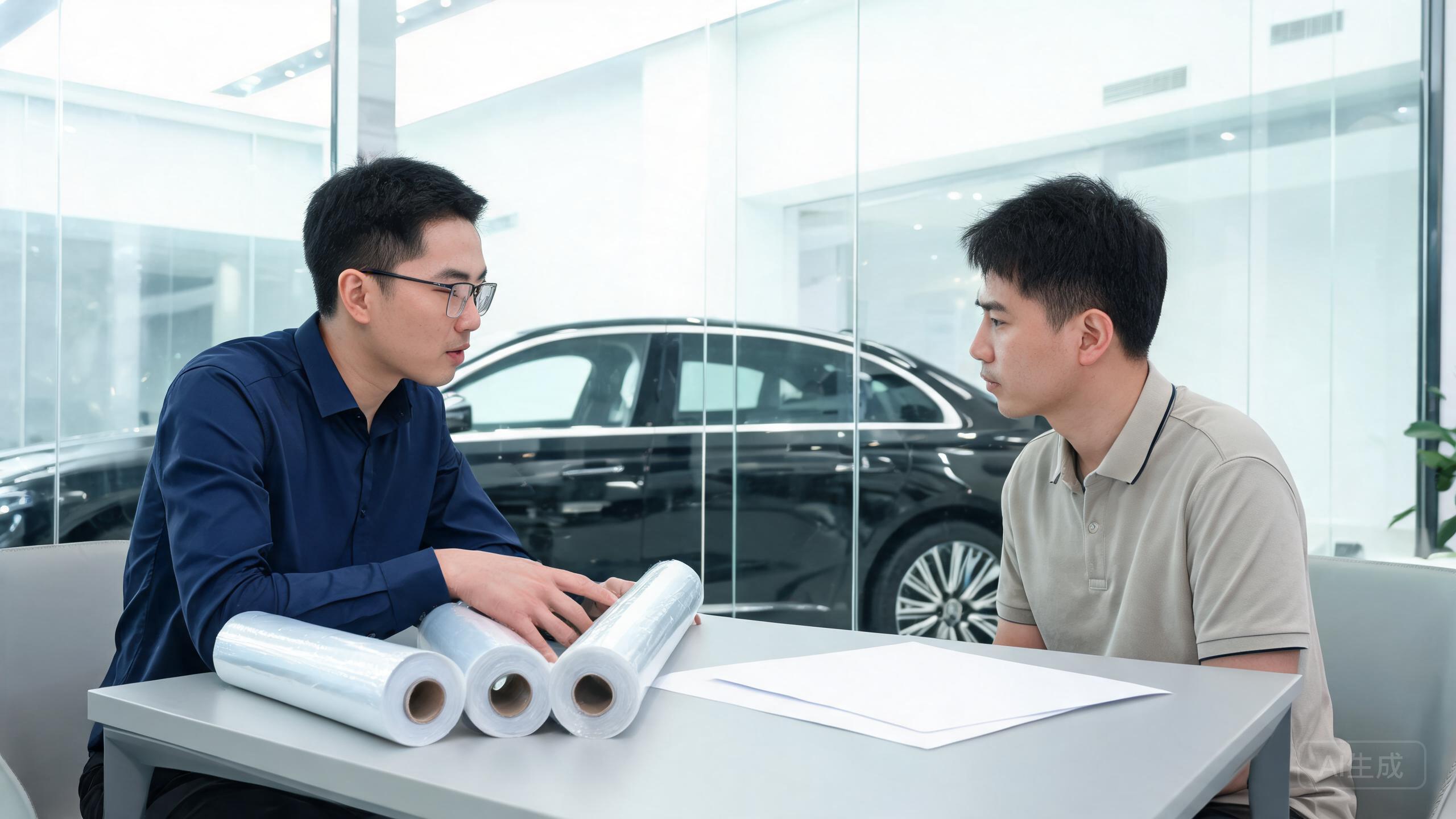 Dealer and vehicle owner discussing PPF film rolls sample sheet at consultation table car in background