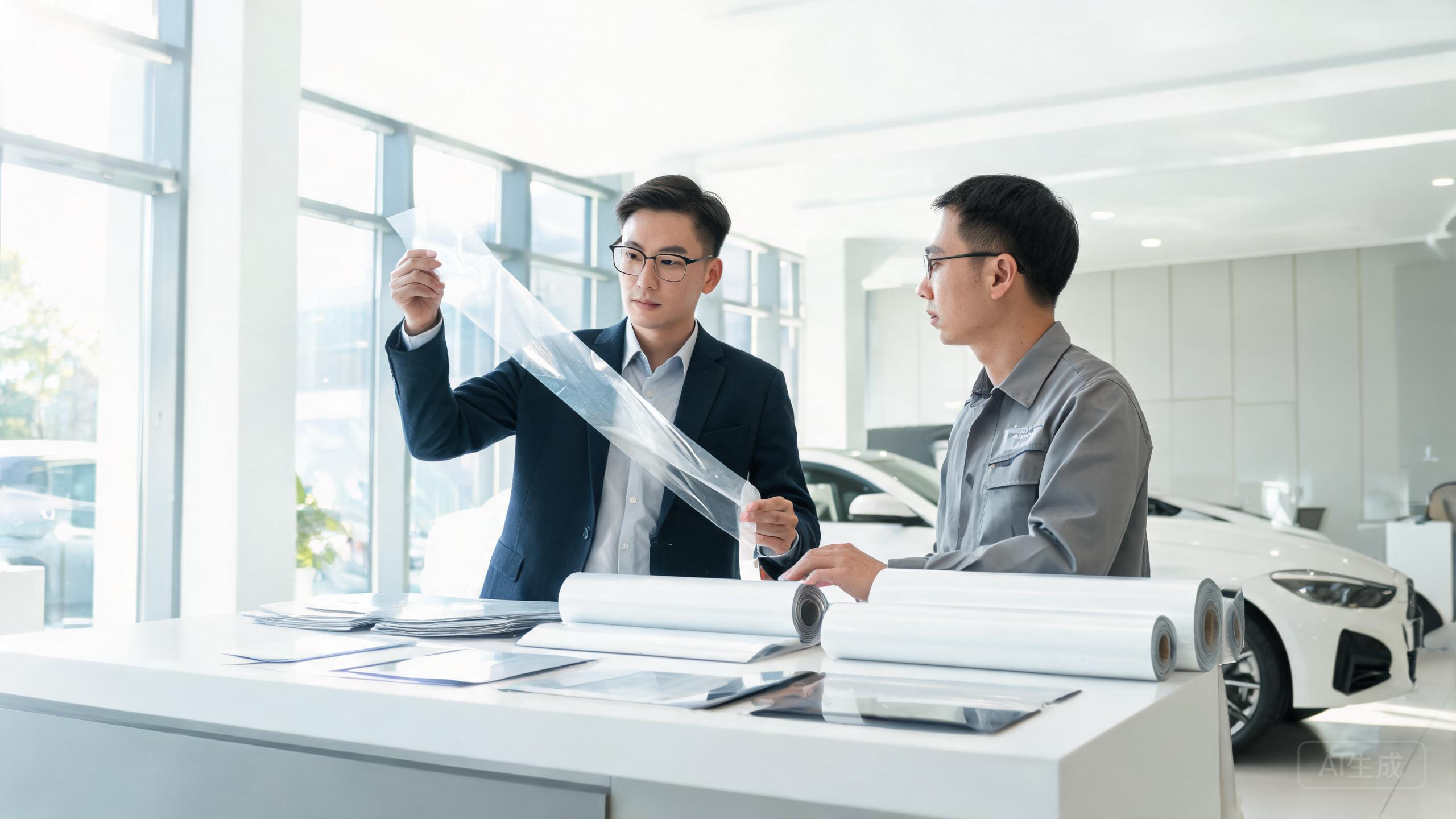 Private label buyer and PPF factory representative discussing tier options and product specifications for paint protection film sourcing.