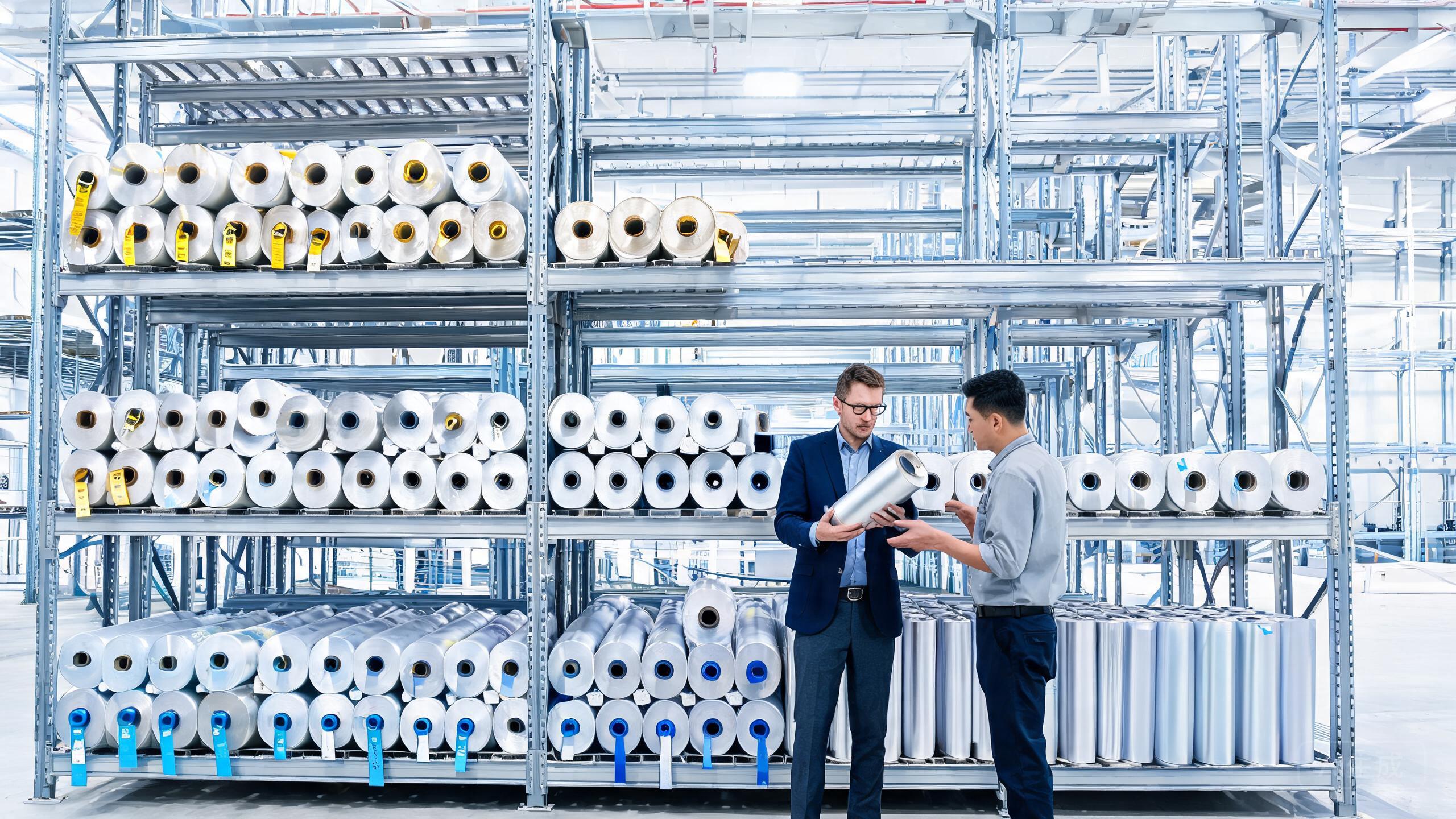 PPF warehouse showing three tiers of film rolls with private label buyer and factory representative examining premium PCU, mid-range TPU and economy TPU rolls.