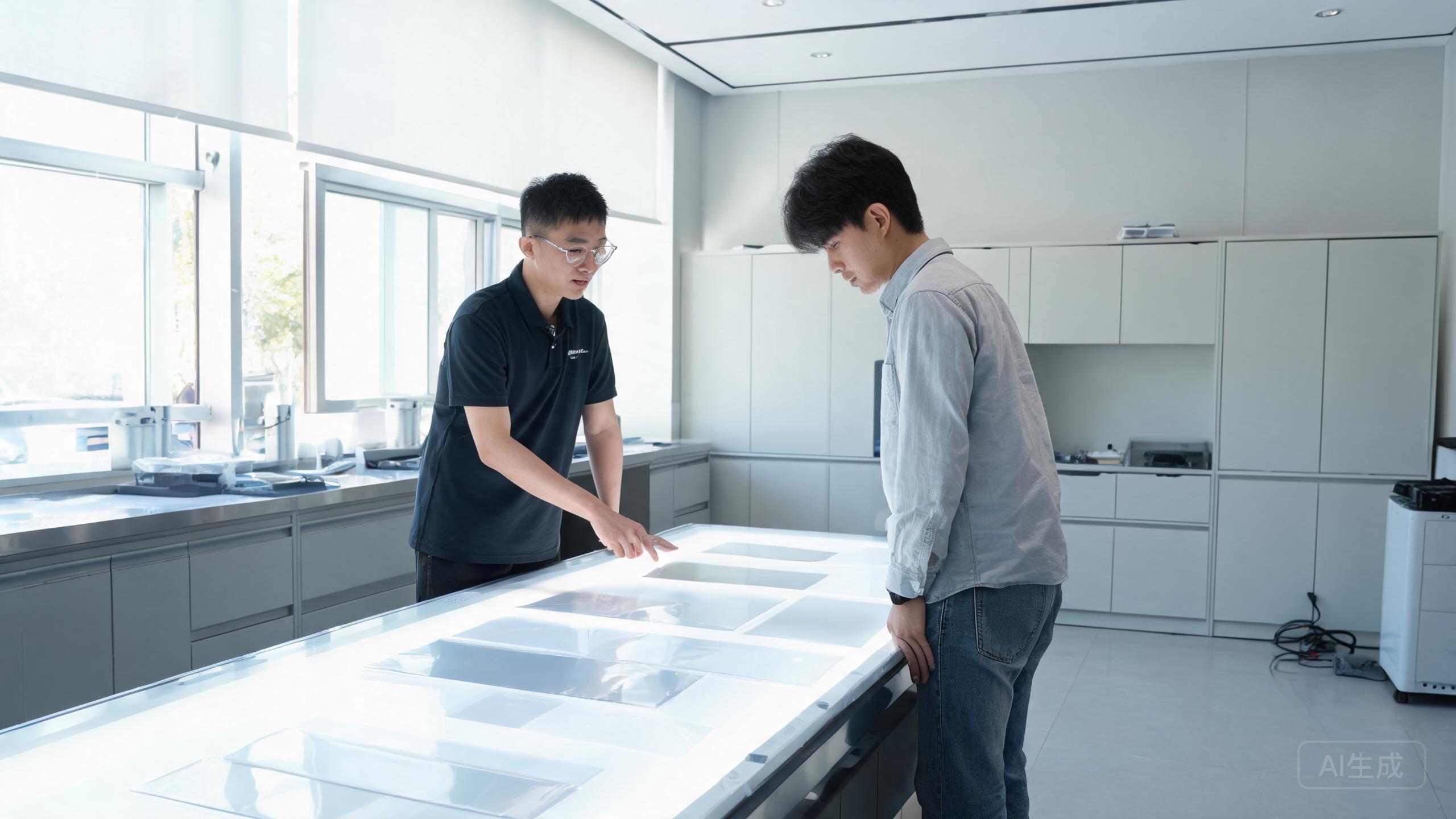 Installer and car owner comparing transparent PPF film samples.