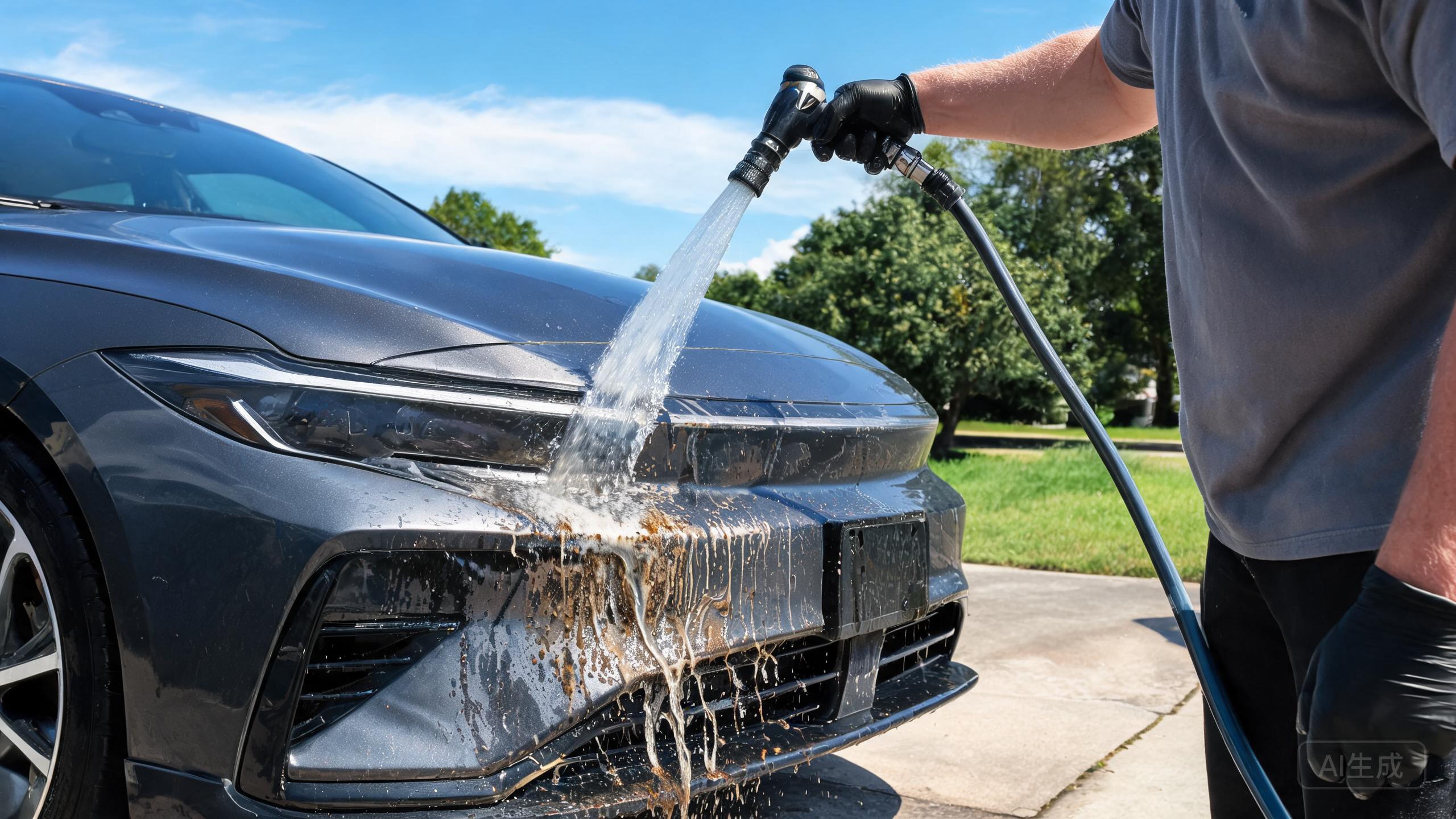 Vehicle bumper being washed to show practical PPF stain-release performance.
