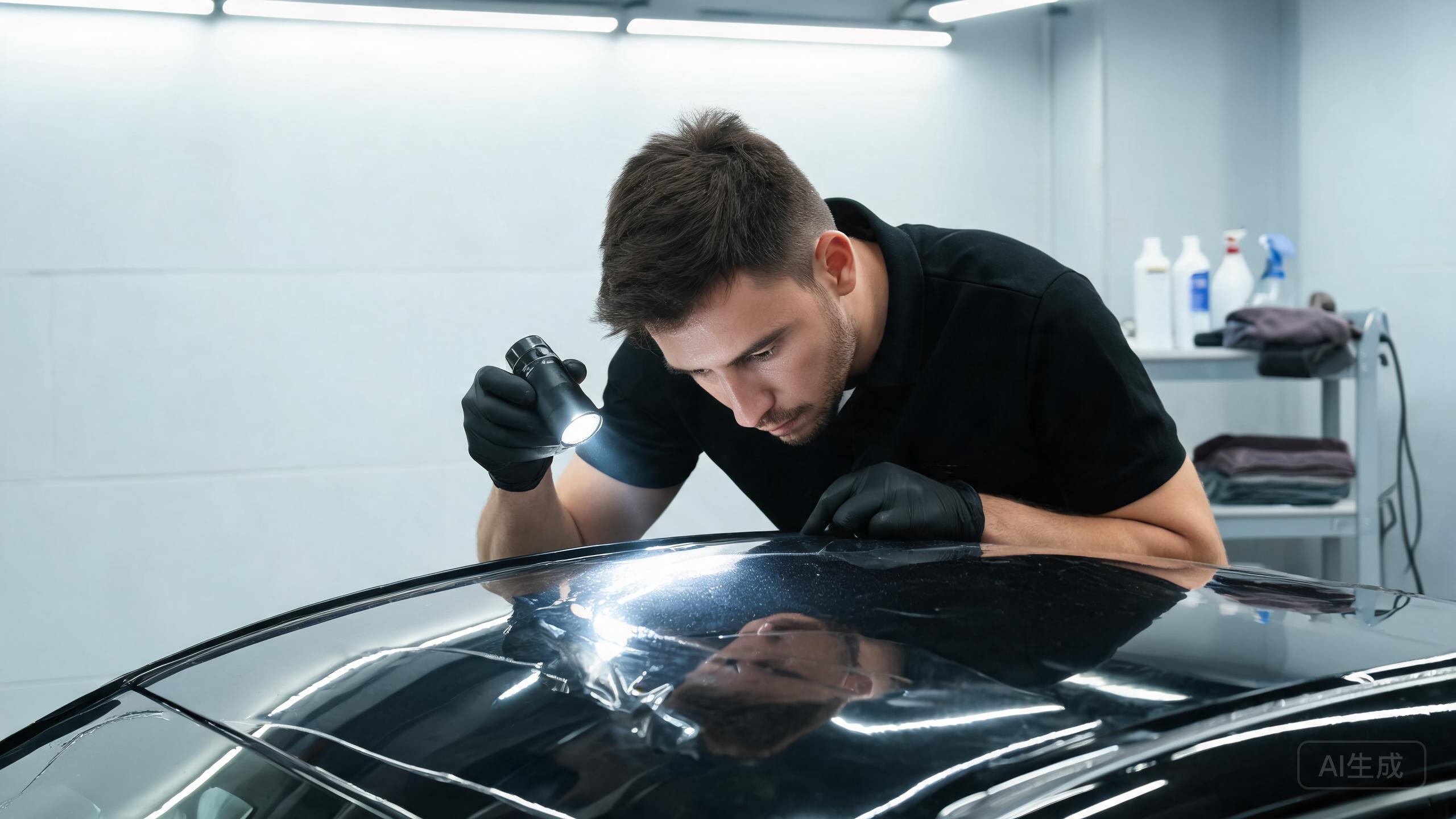 Detailer inspecting fine wash marks on heat-responsive PPF.