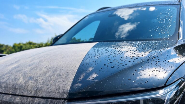 PPF-coated SUV hood showing clean water beading and road dust contrast.
