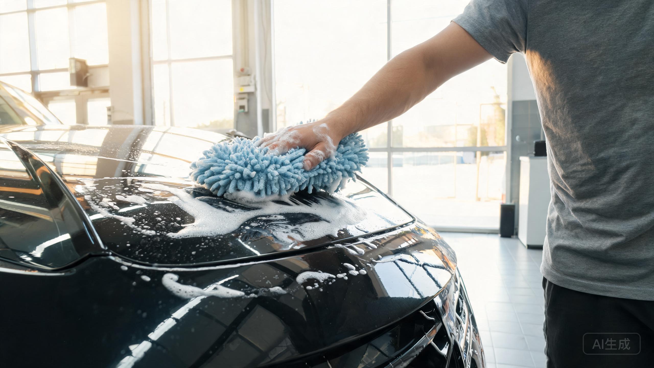 Gentle hand washing of a glossy PPF-protected vehicle hood.