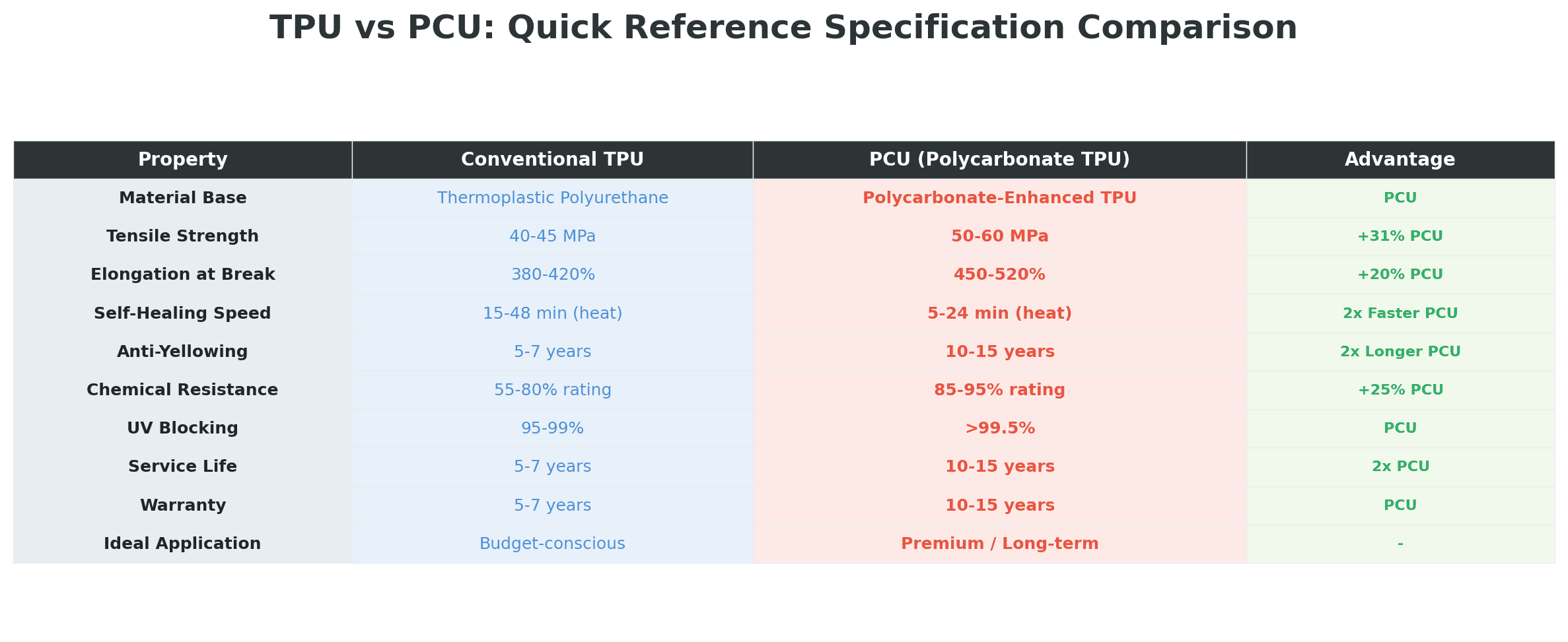 Quick-reference specification comparison table: TPU vs PCU across 11 properties